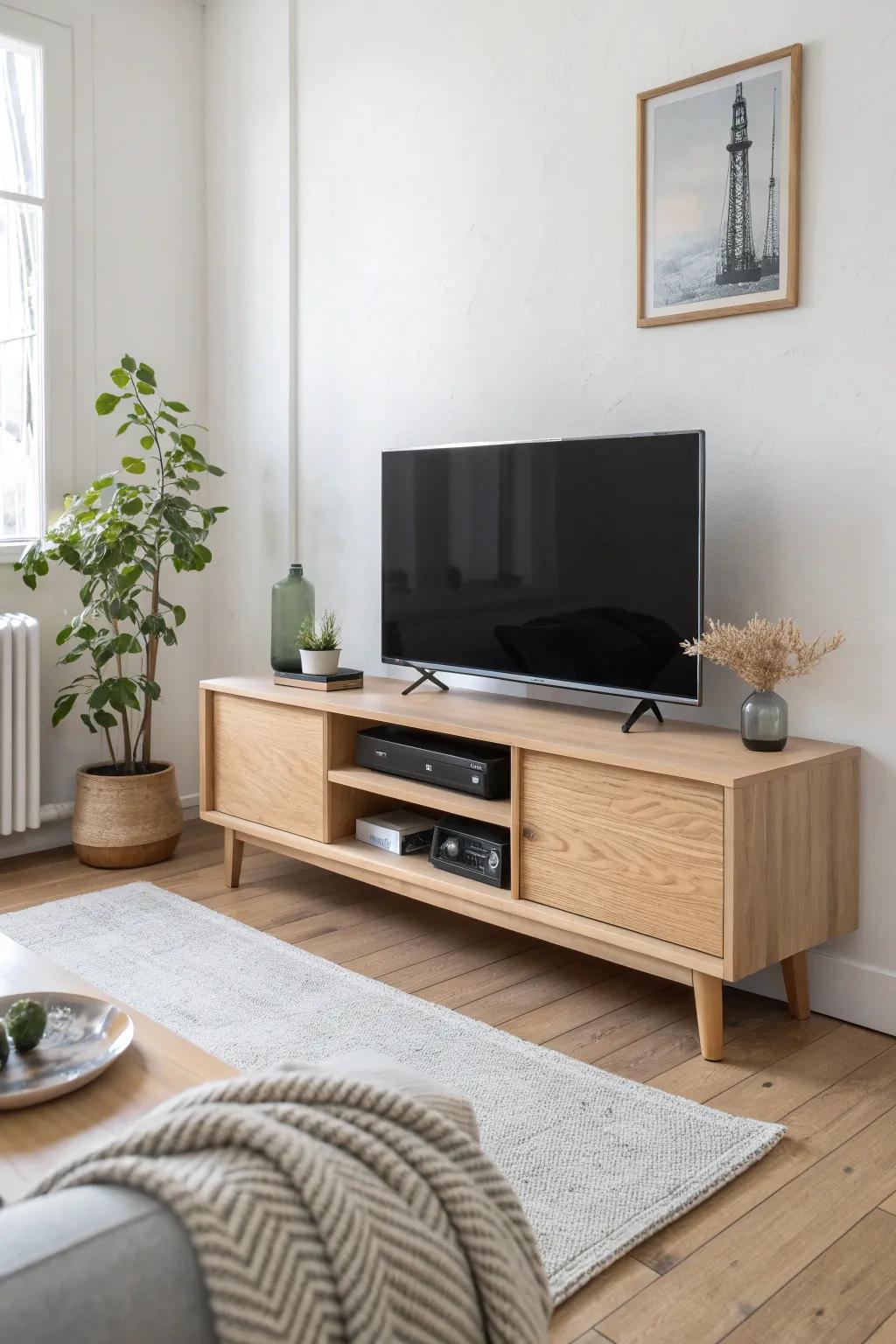 A classic low console shelf that hides cords neatly and makes every console look intentional.