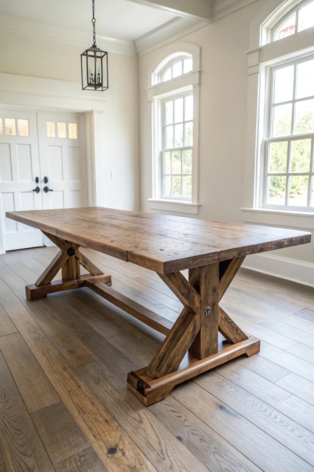 Deep-walnut Viking plank dining table with raw saw marks—Scandi minimal, feast-ready.