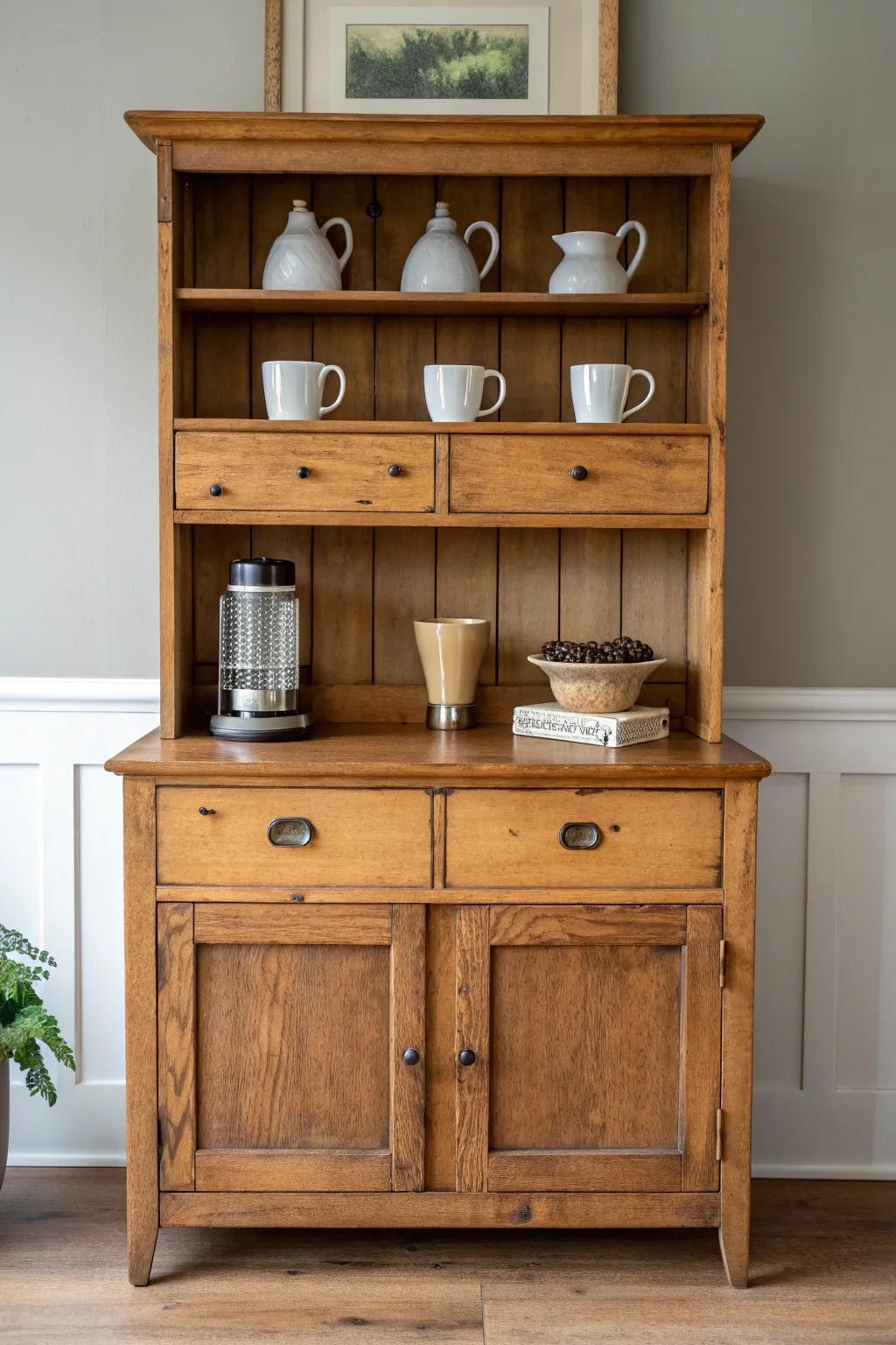 Antique hutch coffee station with warm waxed patina, simple mugs, and pour-over charm.