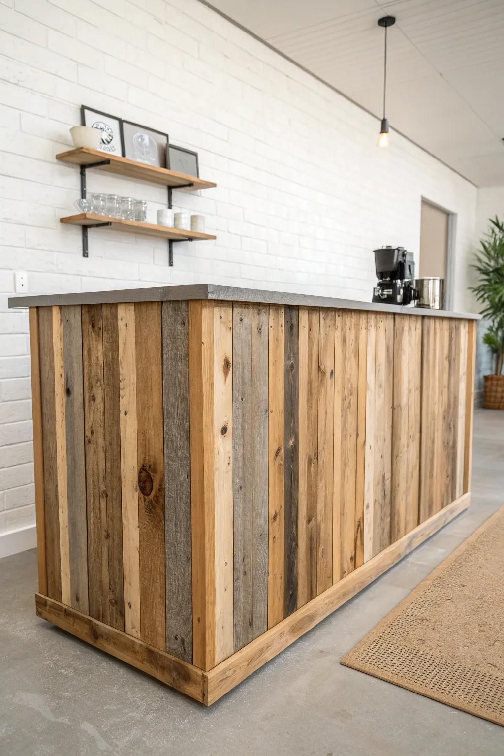 Reclaimed wood planks and a matte distressed finish for an instant vintage coffee house counter.