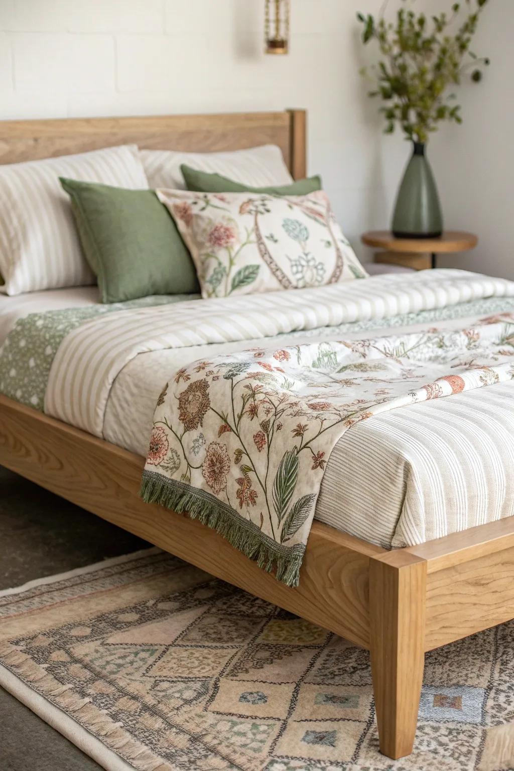 Floral quilt + striped sheets + one quirky pillow—pattern mixing that feels intentional and cozy.