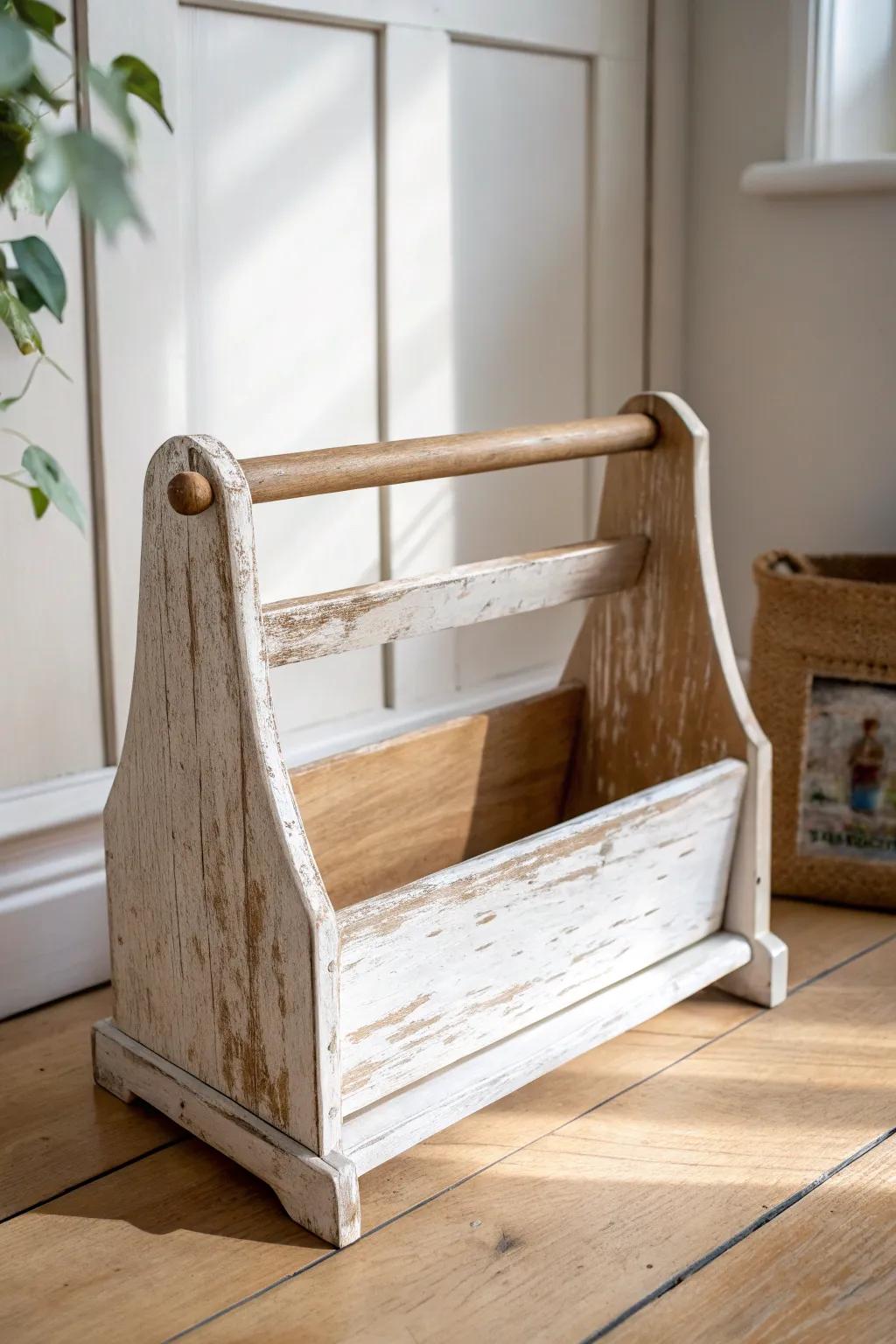 Distressed farmhouse magazine rack—matte paint, scuffed edges, and warm wood grain charm.