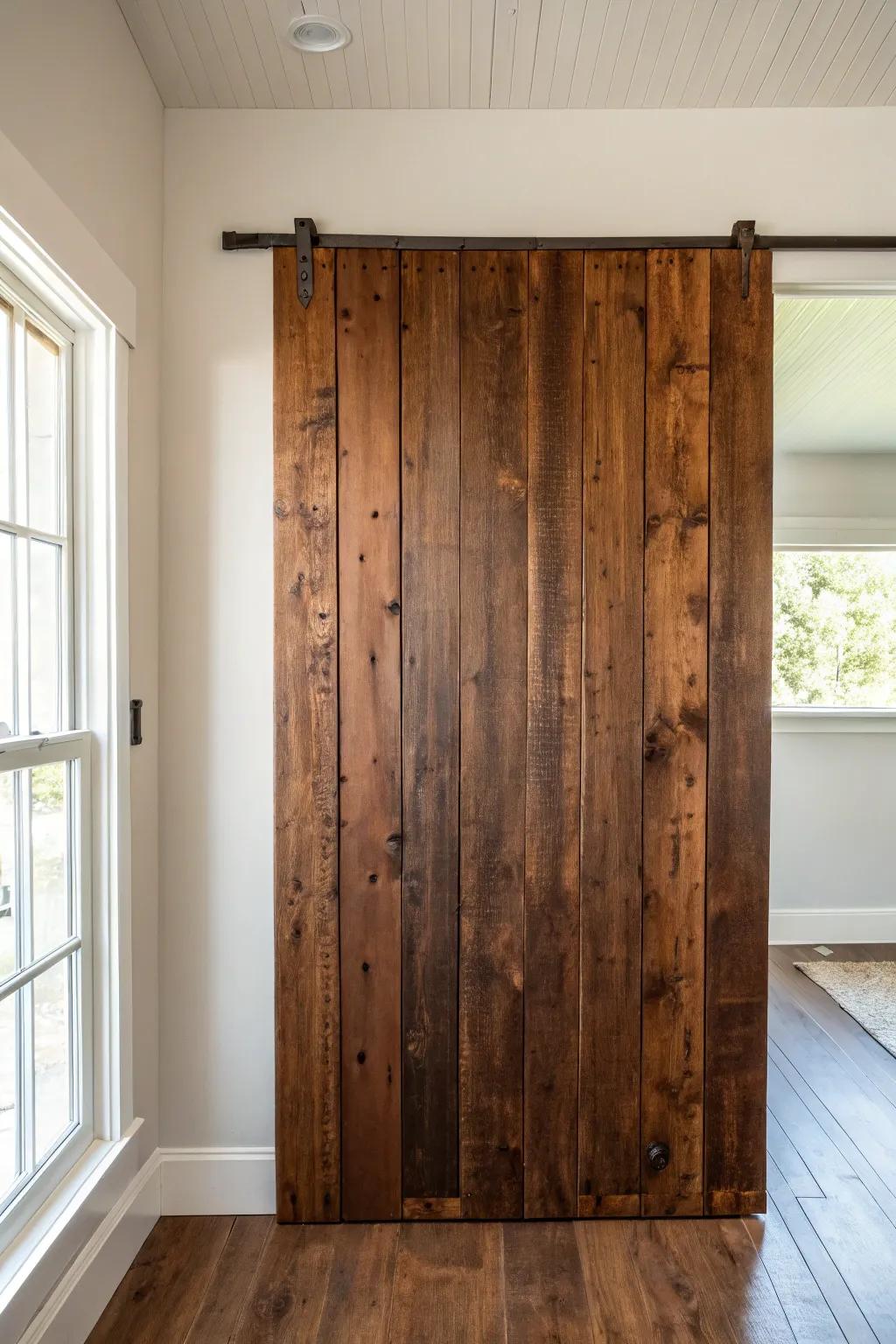 Dark-stained reclaimed wall paneling brings instant vintage lounge mood—rich, imperfect, timeless.