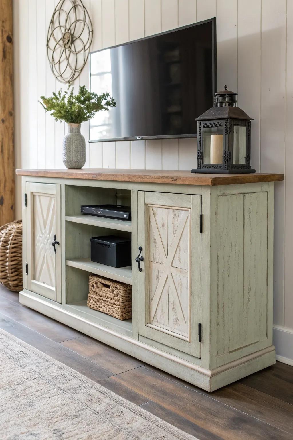 Distressed farmhouse TV console with layered paint, soft sanded edges, and a warm wax patina.