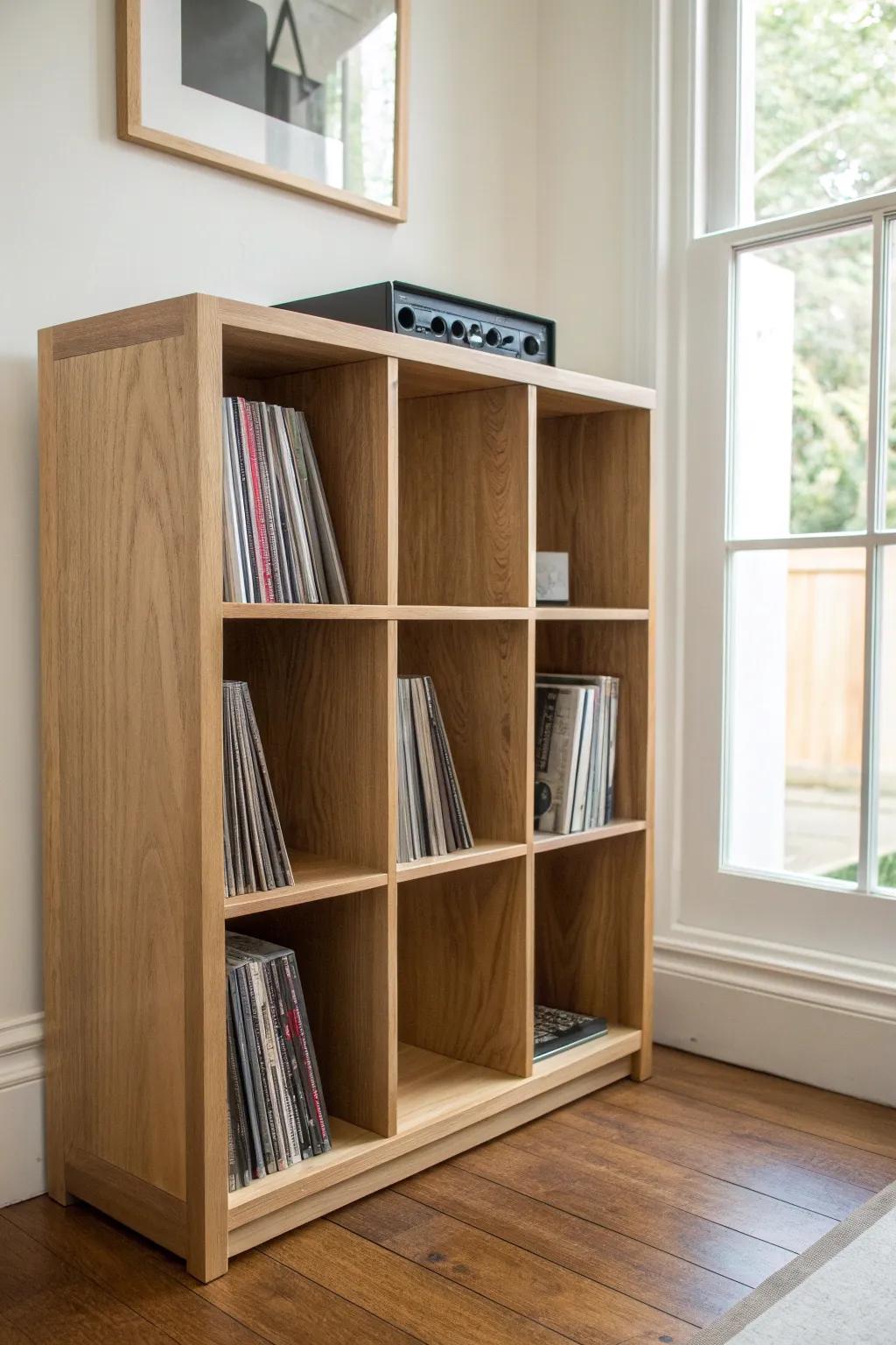 Minimal cube shelf wall keeps LPs upright—add slim wood dividers to stop records from slouching.