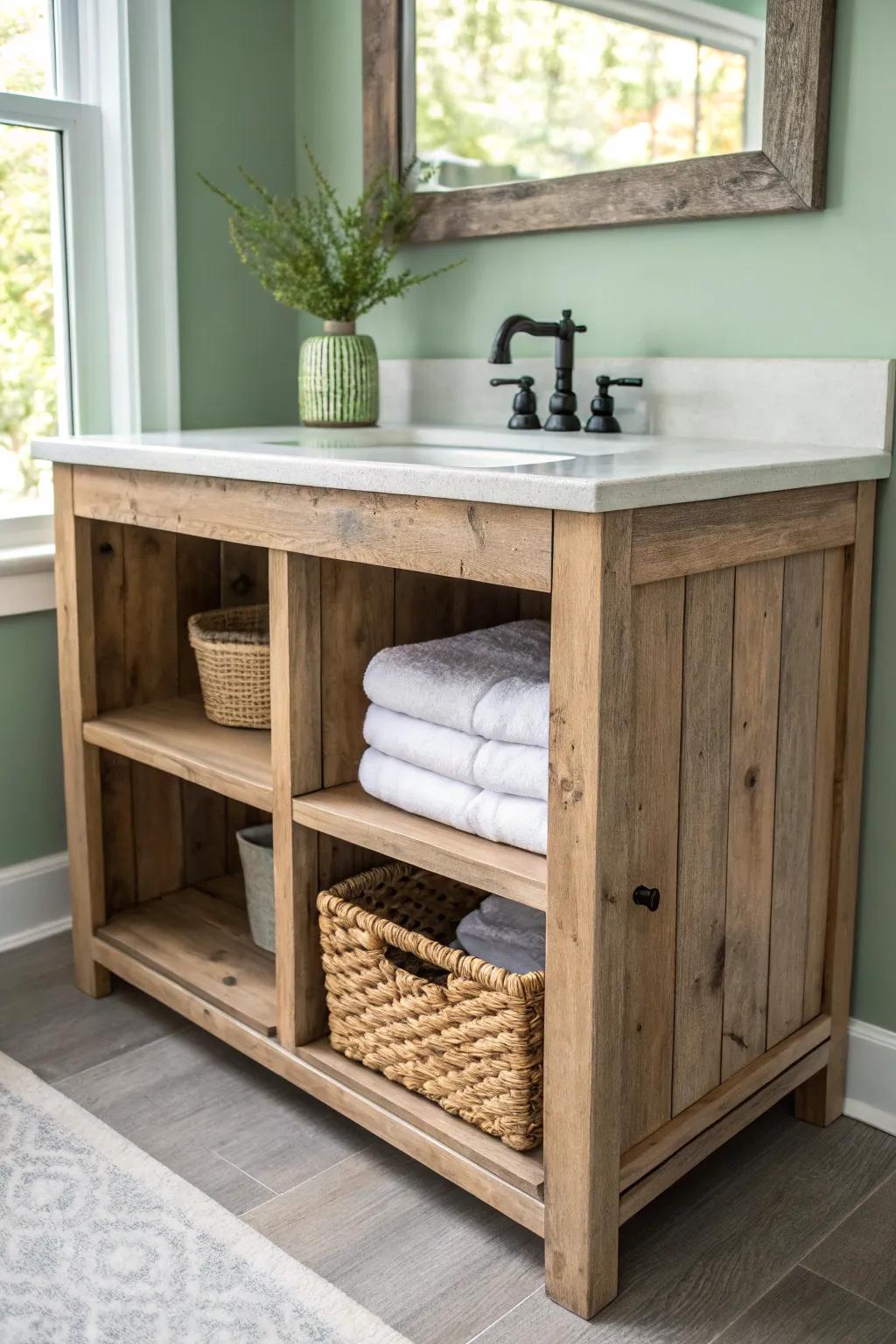 Weathered wood vanity with open shelving—wabi-sabi warmth, simple lines, effortless access.