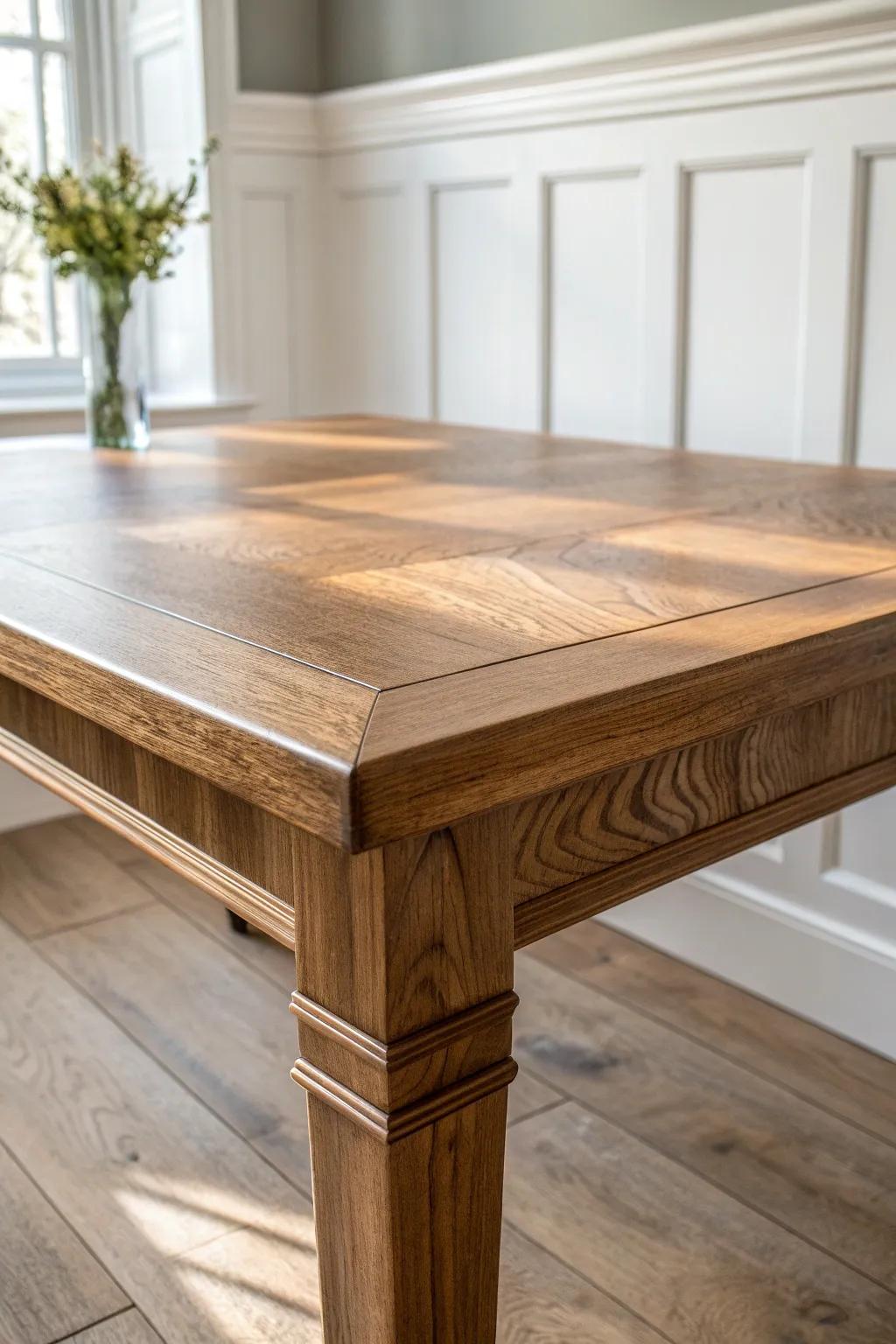 Crisp white raised-panel wainscoting makes this warm wood dining table glow with timeless charm.