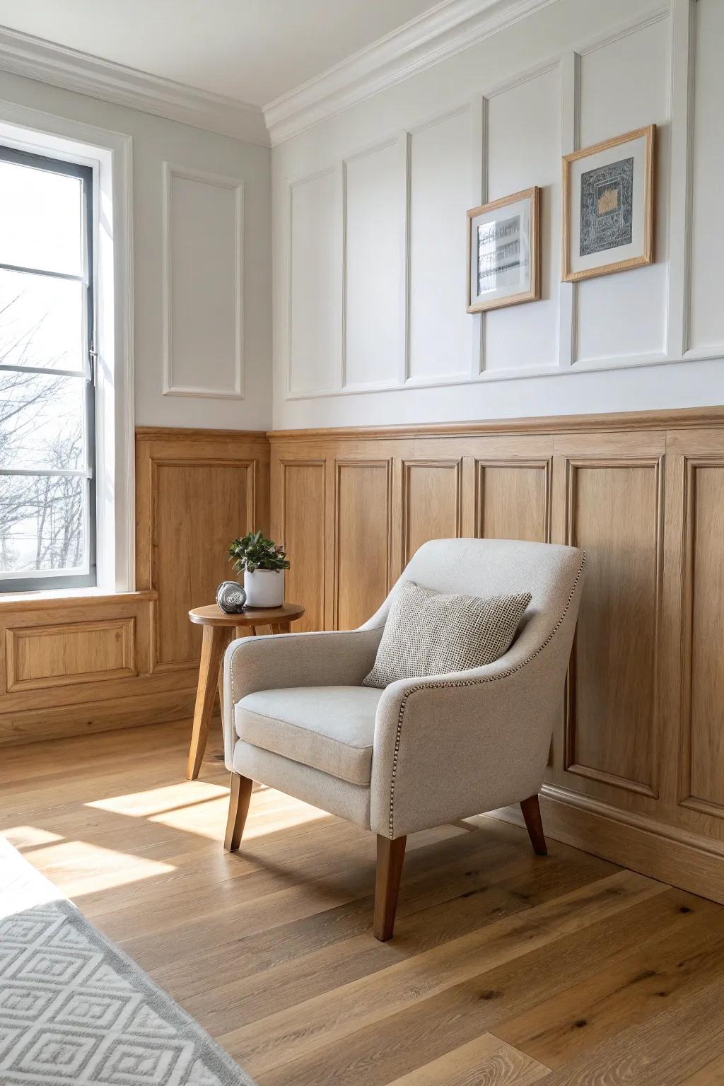 Classic chair-rail wainscoting adds structure to a small living room without making walls feel heavy.