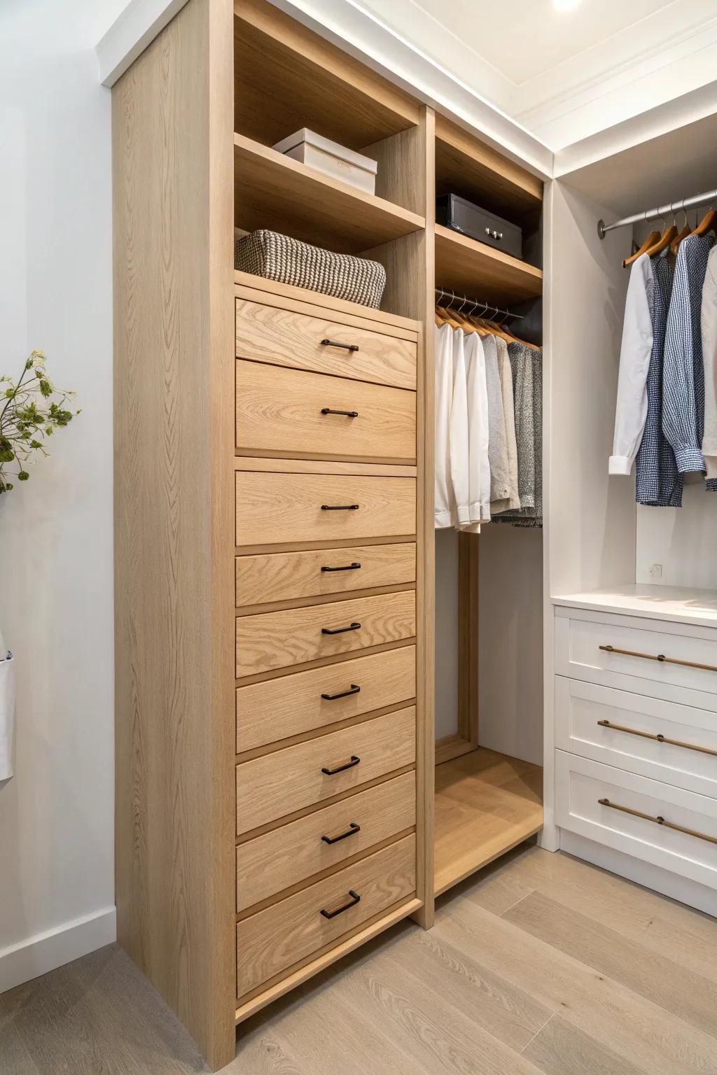 Built-in oak drawer bank between hanging rods—balanced storage with a clean, intentional look.