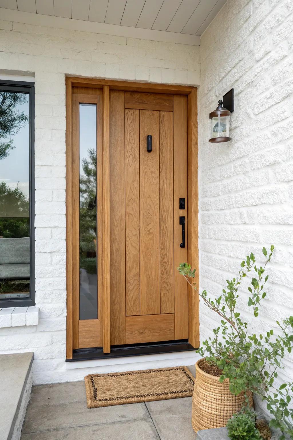 A warm wood single basement walkout door with full-view glass—simple, bright, timeless.