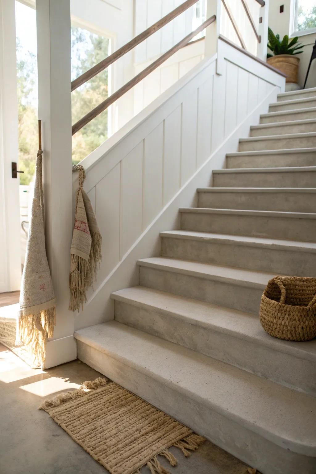 Timeless poured-concrete walkout stairs with crisp edges and a soft textured finish.