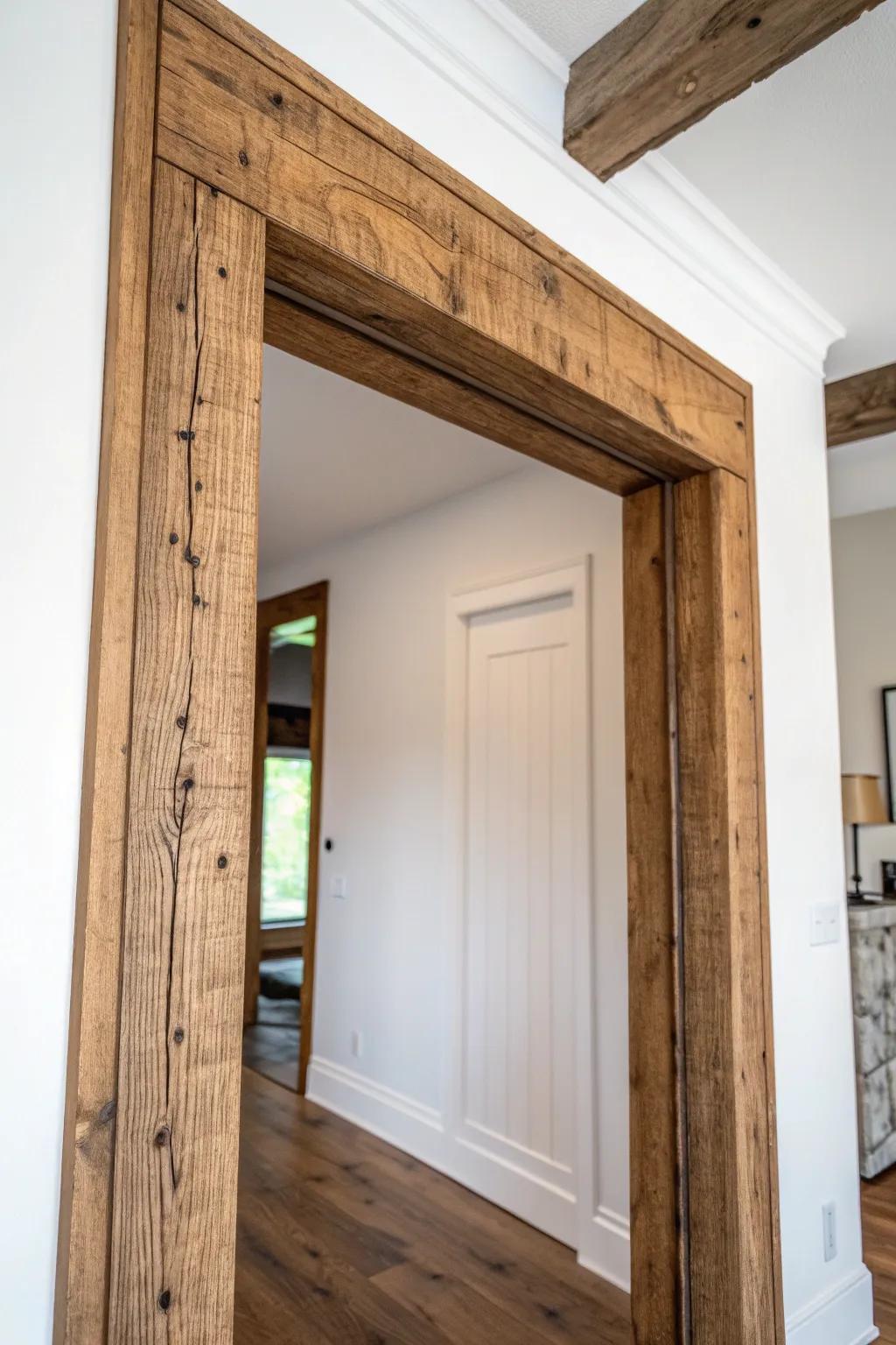 Turn any pass-through into an instant doorway with a chunky reclaimed wood beam frame.