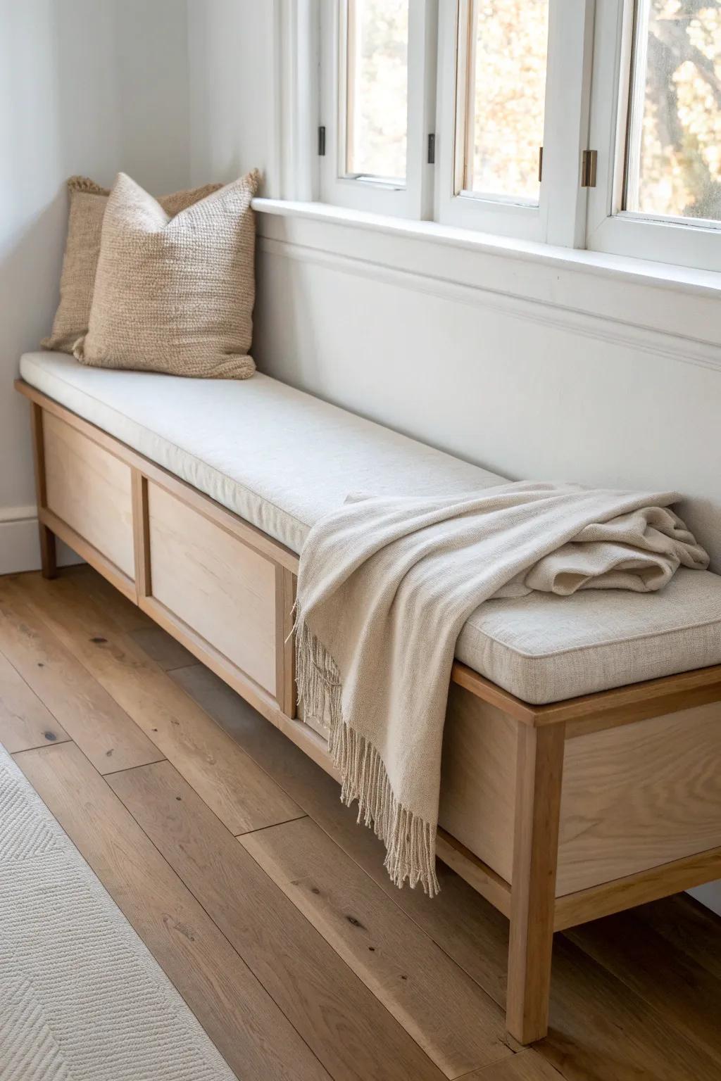 A classic wall banquette: clean plywood lines, cozy linen cushion, and space-saving style.