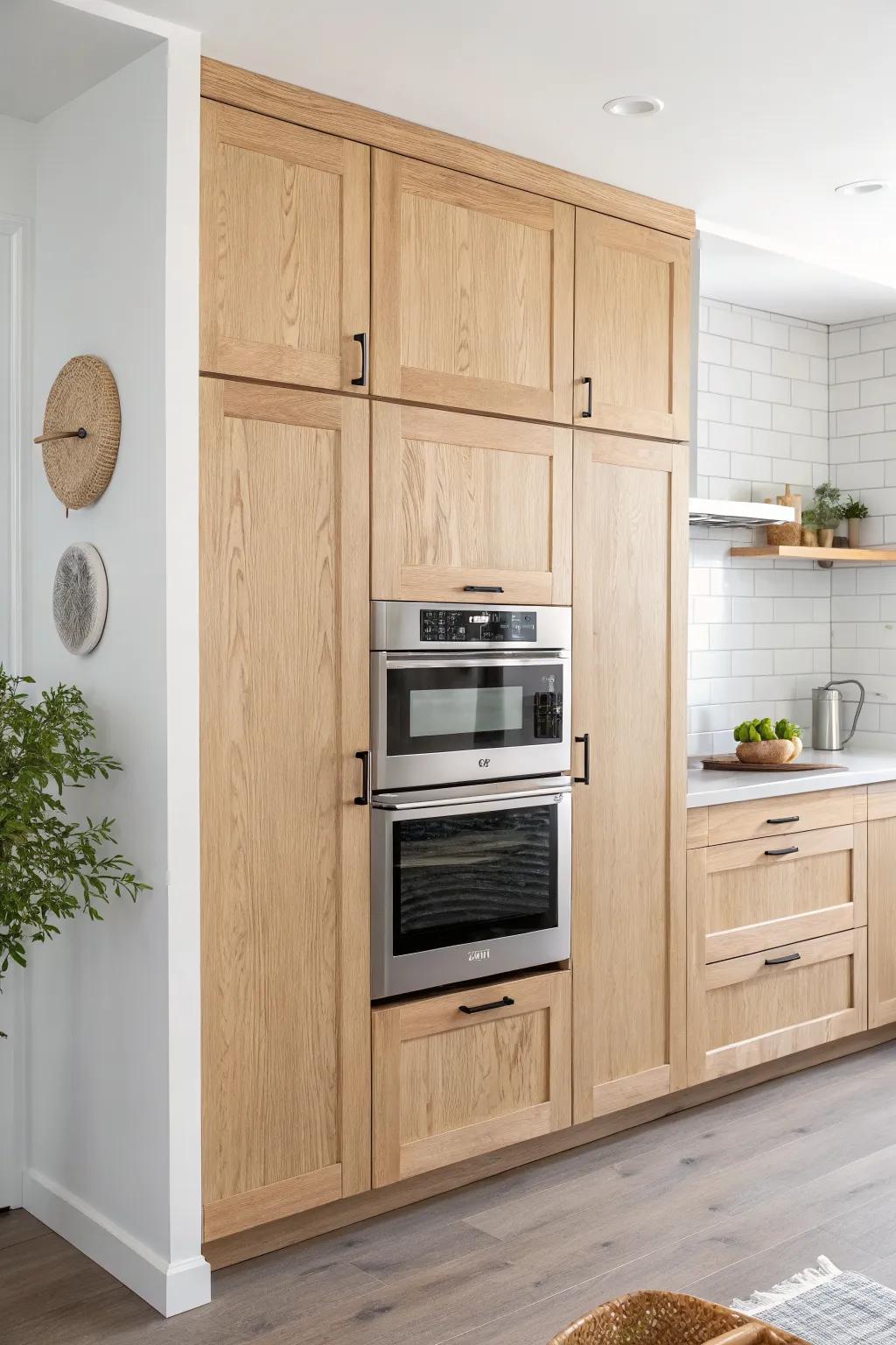 A classic oven-and-microwave stack in oak—clean lines, built-in look, and calm Scandinavian warmth.