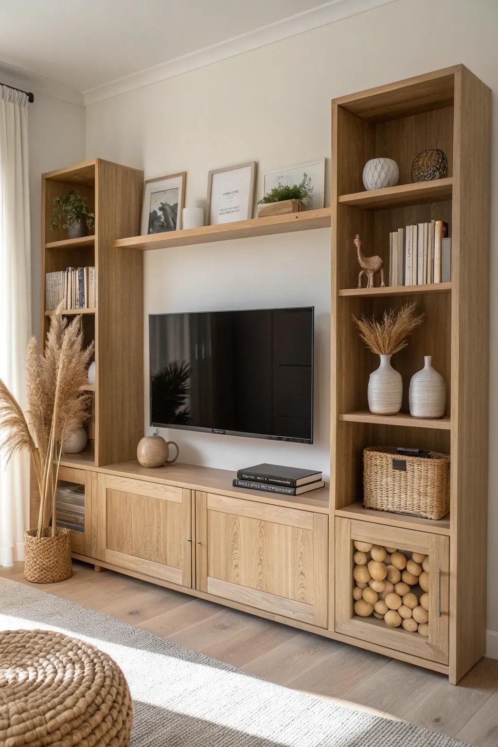 Simple symmetry around the TV: mirrored vases and warm oak keeps the wall unit calm.