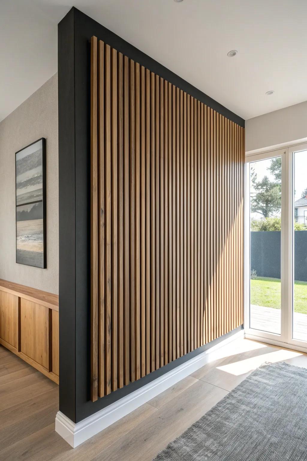 Vertical slat accent wall in warm oak over charcoal backing—simple, cozy height and texture.