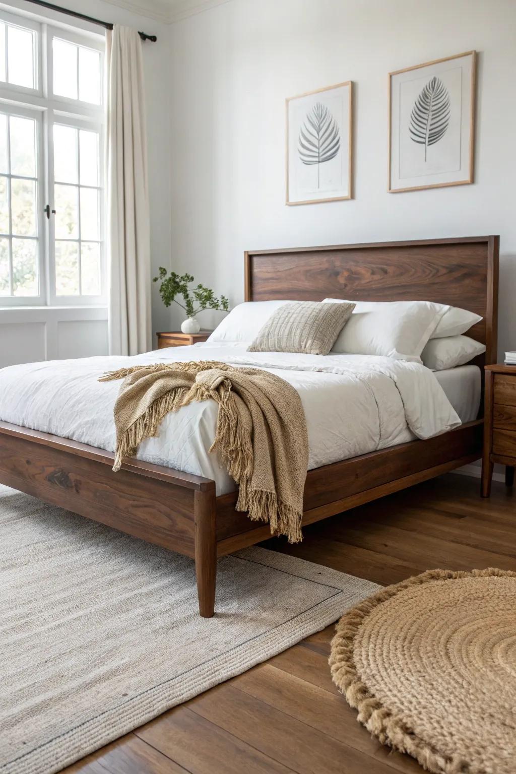 Classic walnut platform bed + crisp white linen—the simplest way to make walnut the centerpiece.