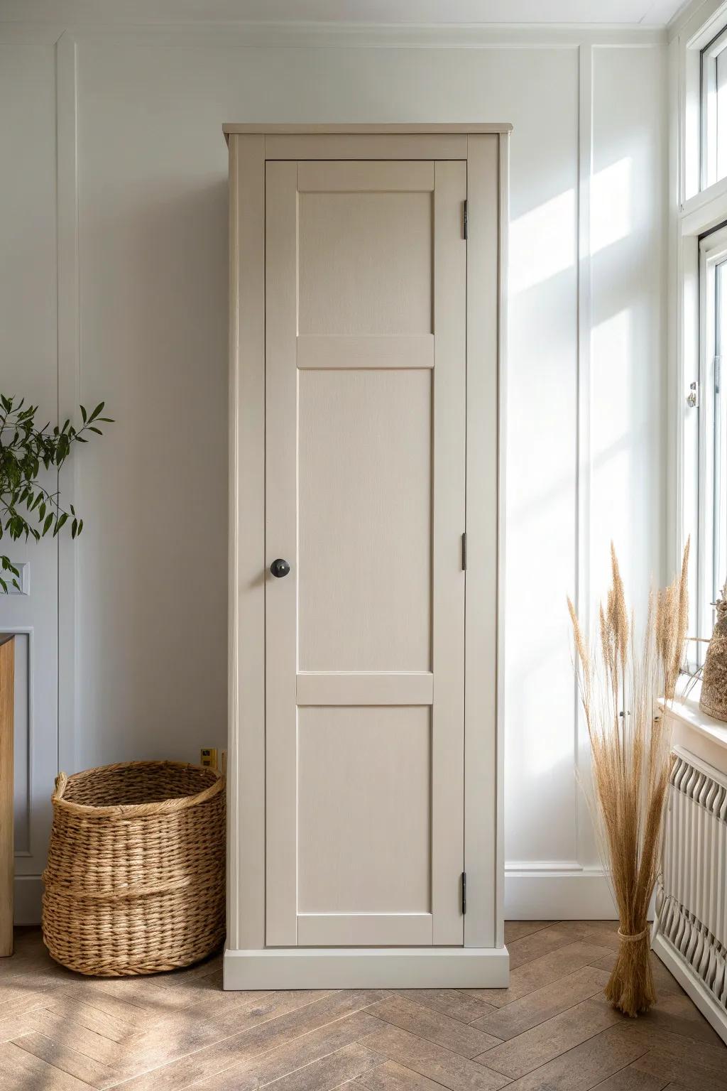 Fresh paint + a durable topcoat turns builder-basic wardrobe doors into a calm, modern feature.