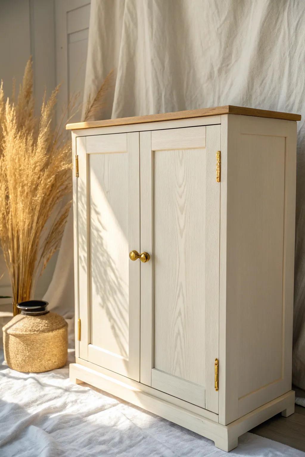 Creamy warm white cabinets soften the kitchen and make wood accents look richer.