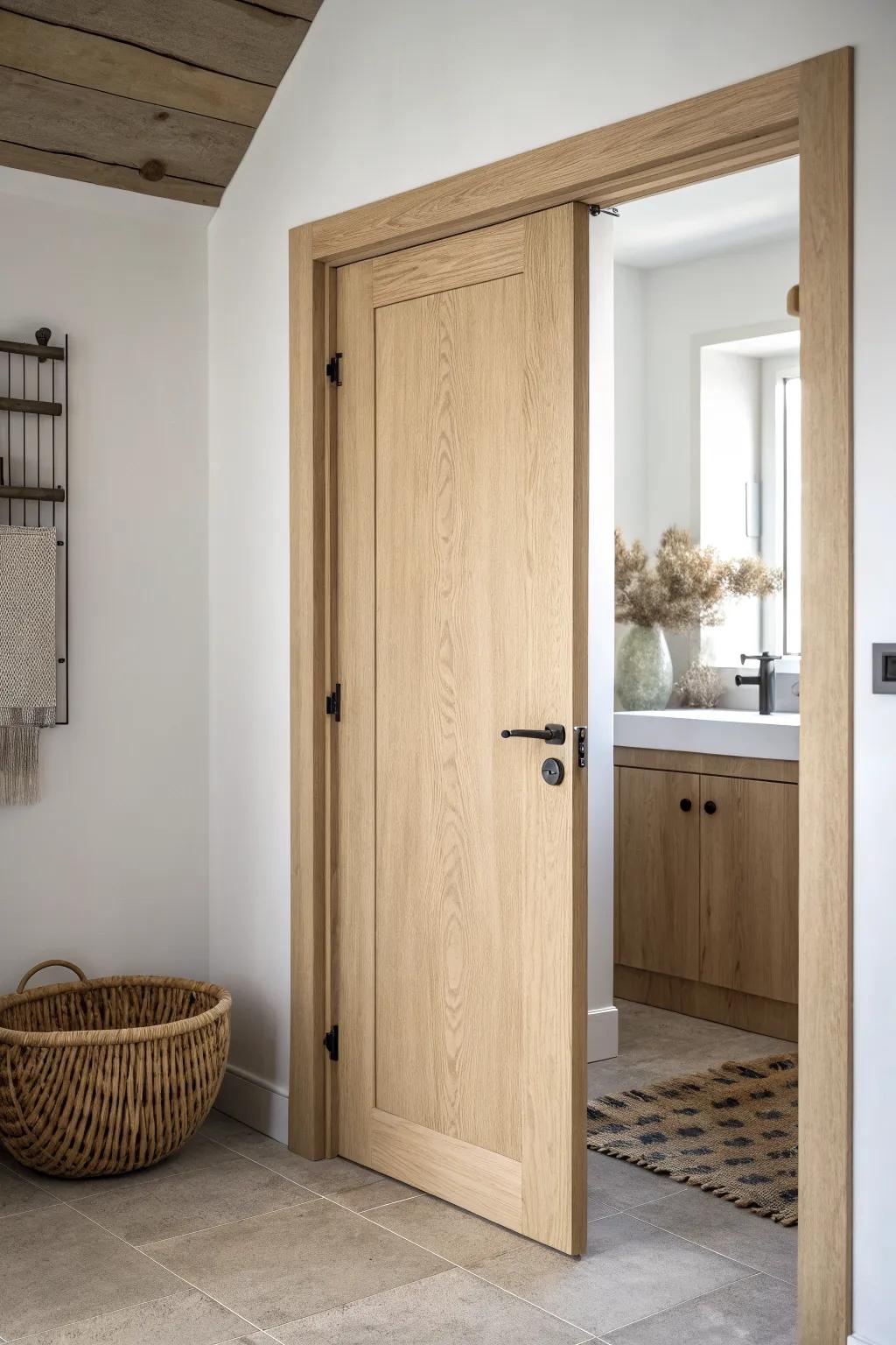Solid-core swing door upgrade: warm oak, crisp black hardware, and noticeably quieter mornings.