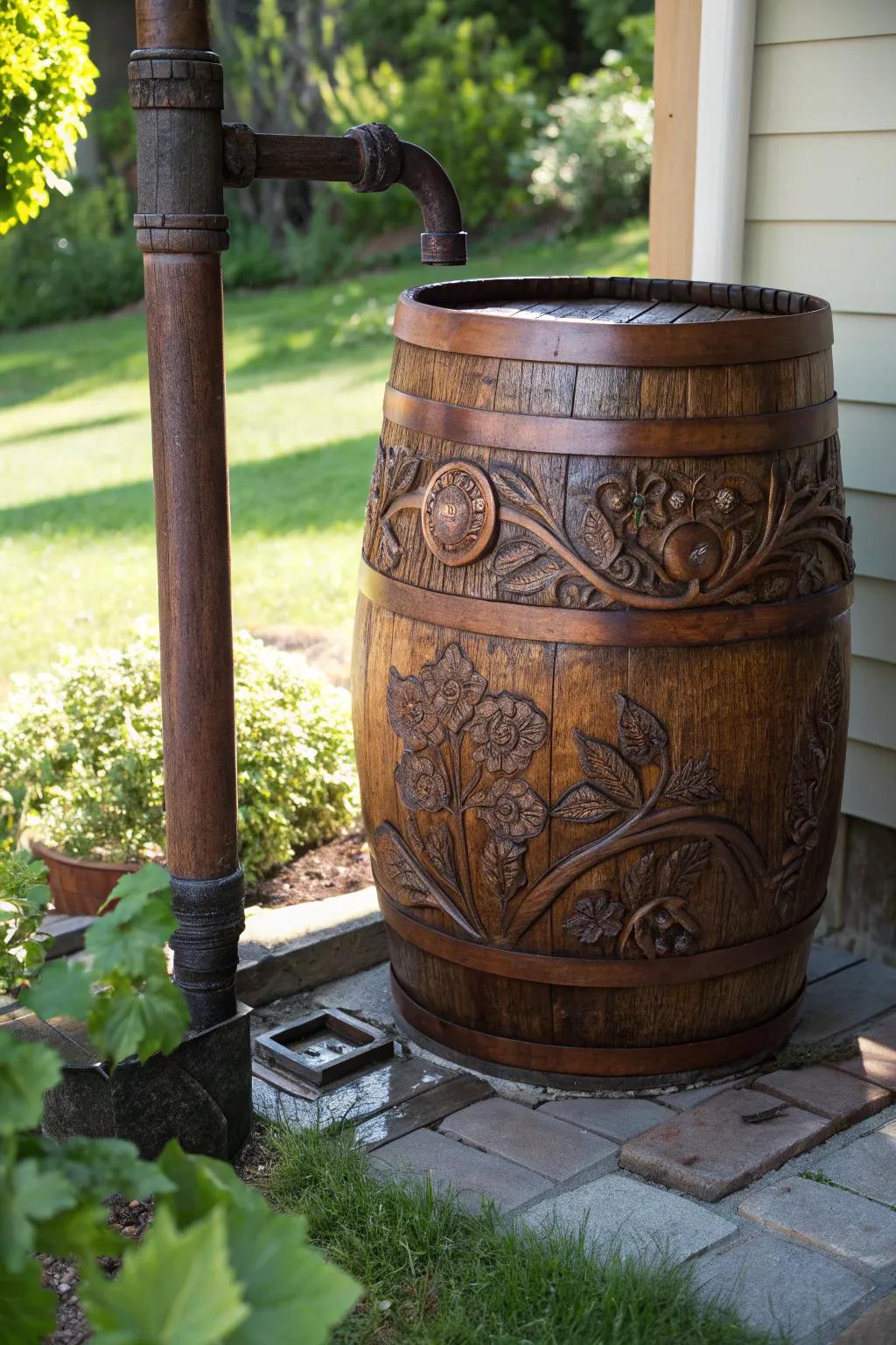 Elevate your garden with the timeless elegance of a classic rain barrel.