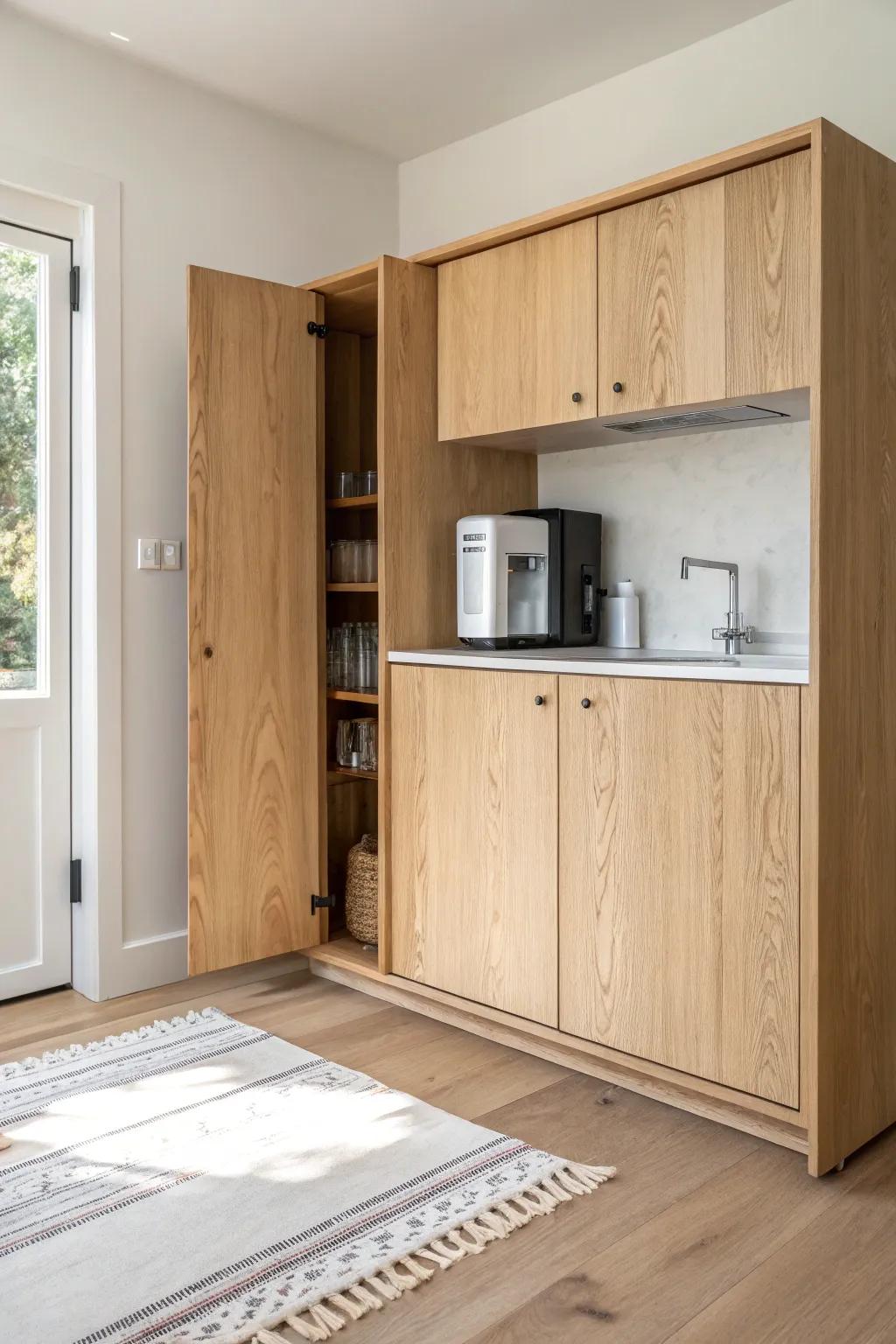 A hidden base-cabinet water station: seamless doors, clean lines, and breathable space inside.