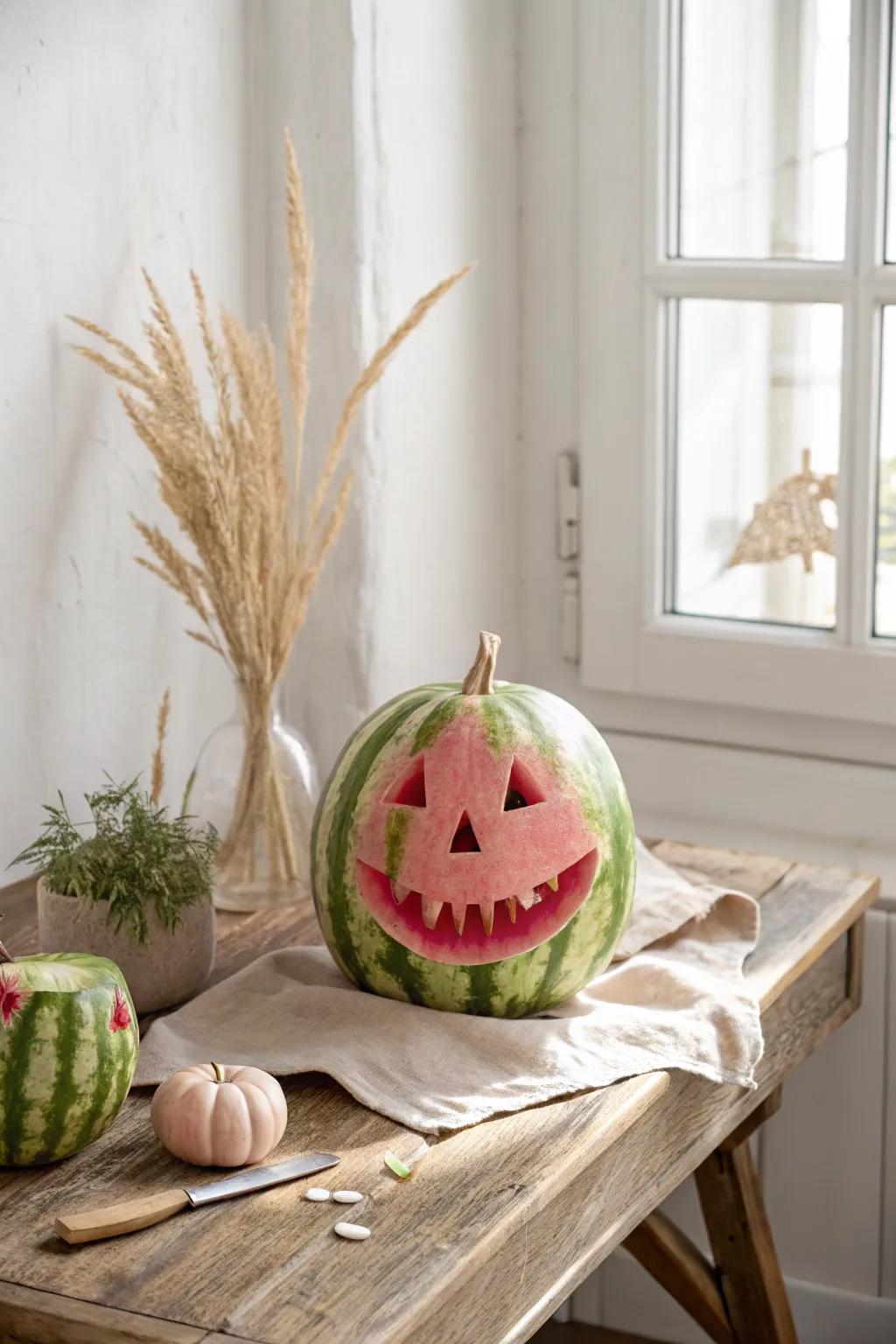 Elevate your Halloween decor with a refreshing twist: a watermelon jack-o'-lantern that's as charming as it is unexpected!