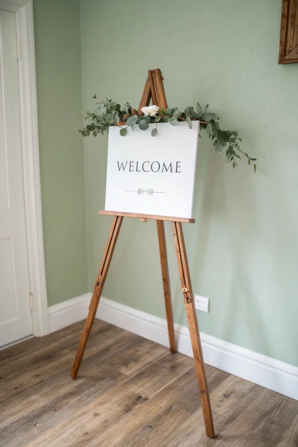 Warm wood tripod easel + minimalist welcome sign, finished with eucalyptus for timeless photos.