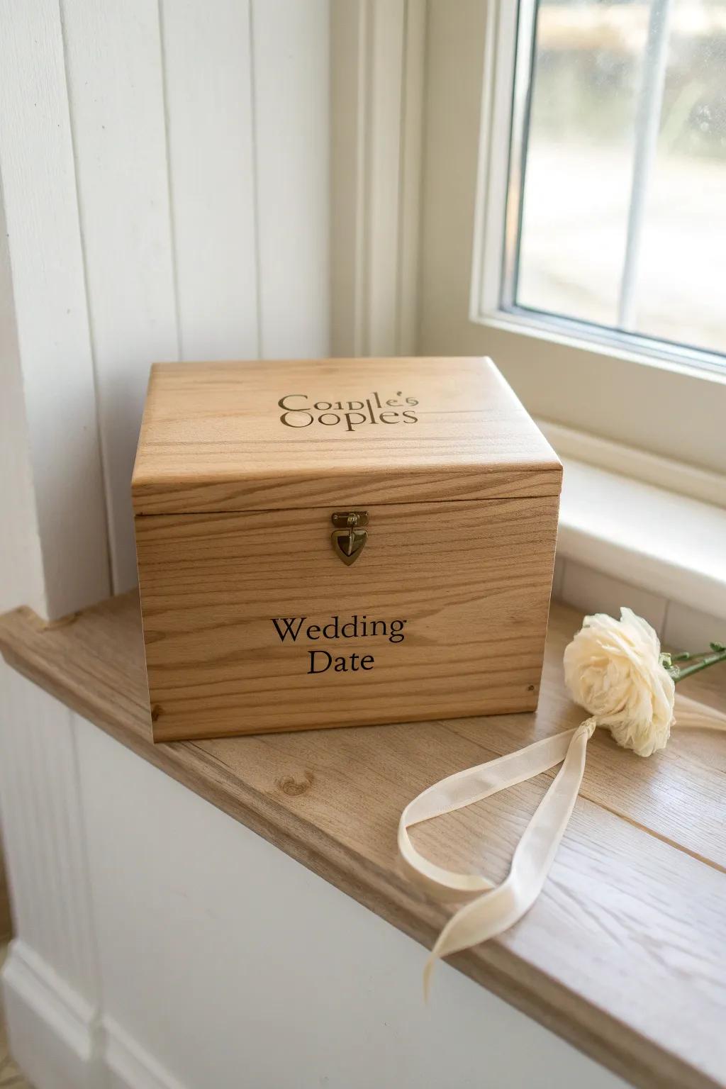 Timeless engraved wooden keepsake box—matte finish, beautiful grain, made for wedding memories.