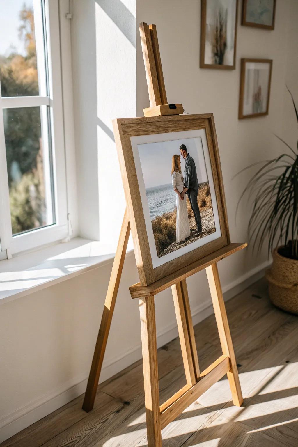 An oversized framed engagement photo on a chunky wood easel—simple, warm, and unforgettable.