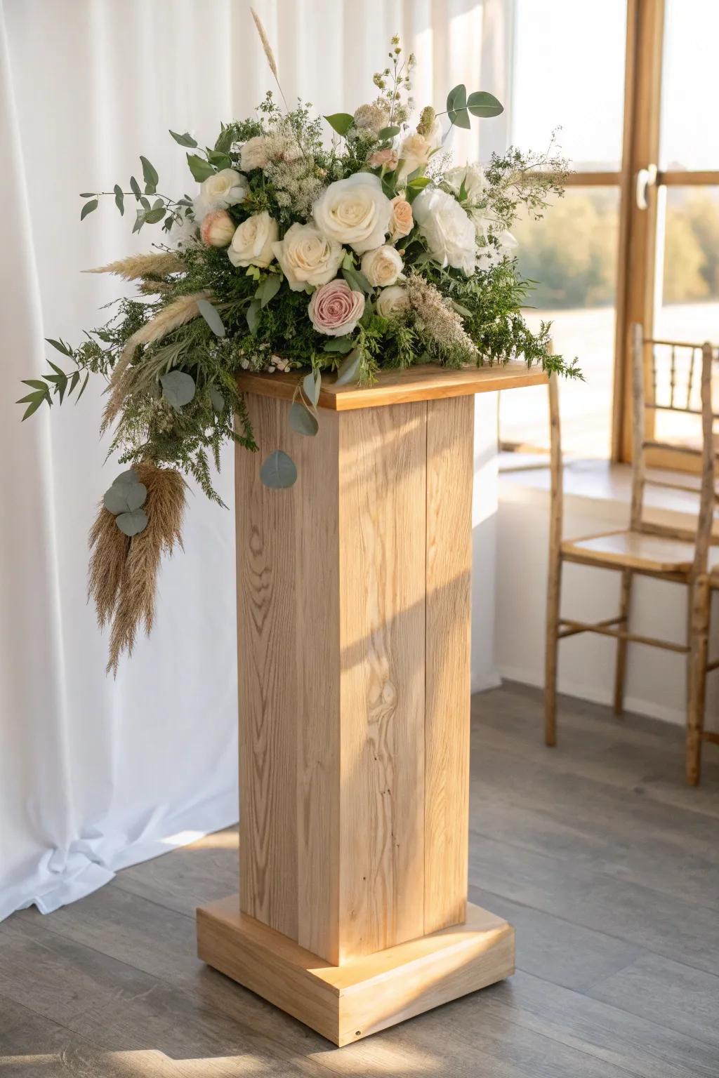 Classic floral topper on a handcrafted wood pillar—lush blooms, clean lines, effortless romance.
