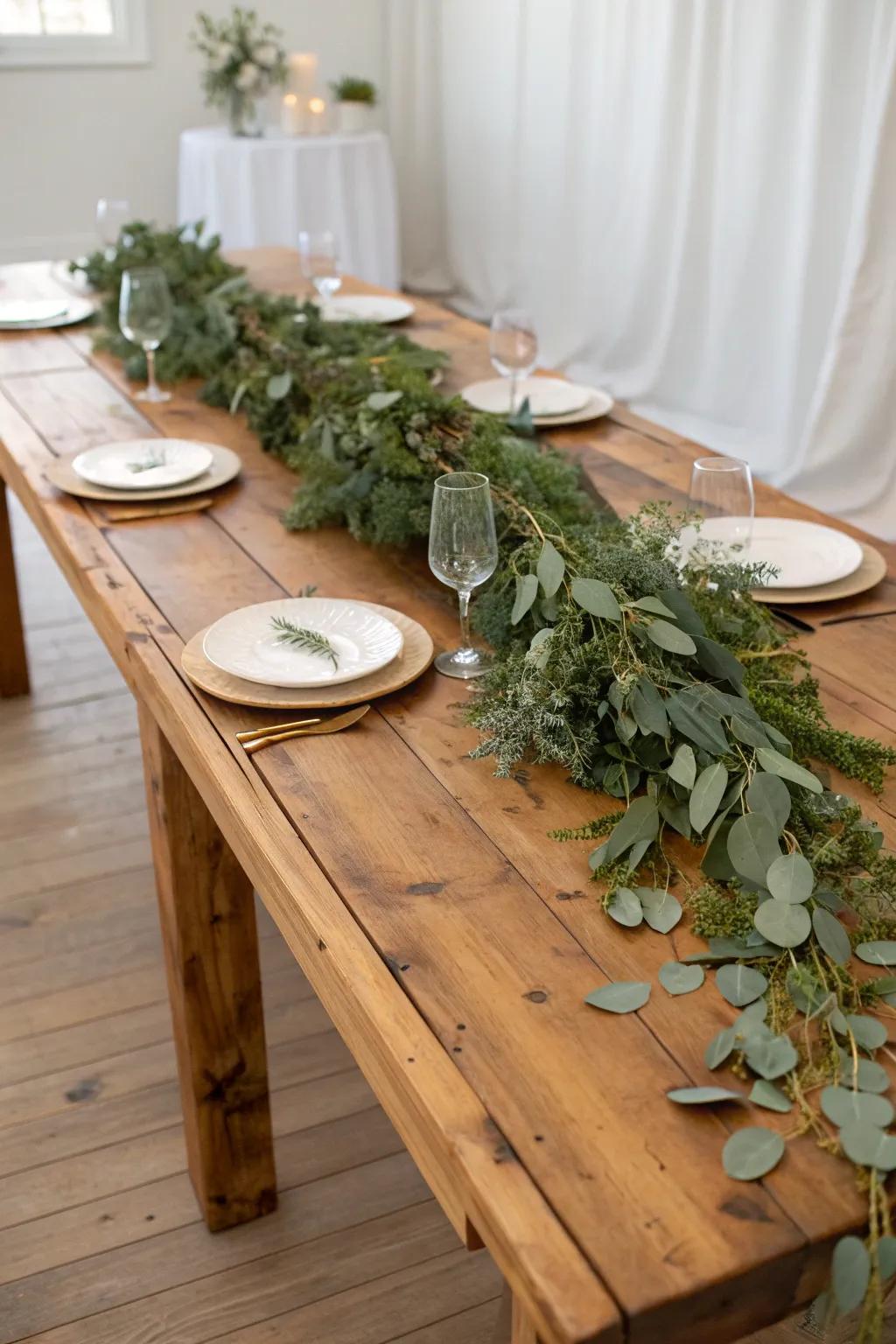 Bare wood farm table + lush greenery runner—simple, warm, and stunning for weddings.