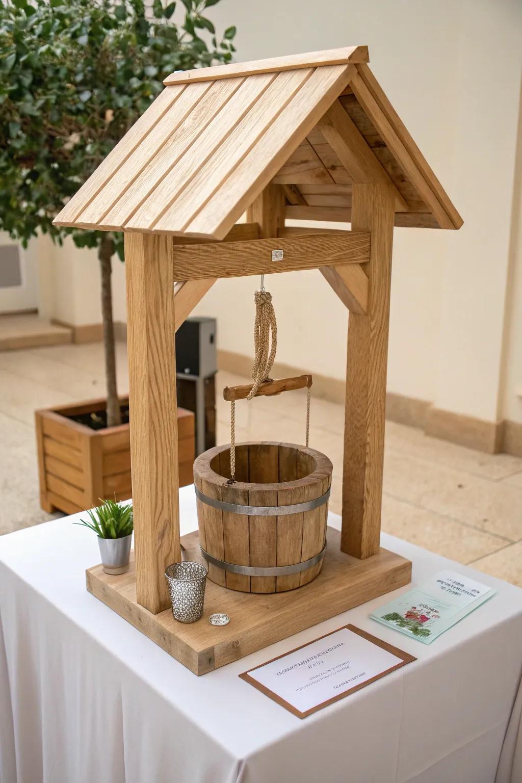 Classic mini wooden wishing well—an elegant, secure drop spot for wedding cards and envelopes.