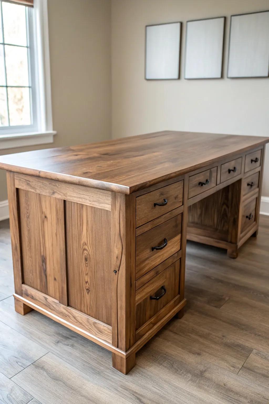 A chunky reclaimed-wood desk with bold grain—minimal, rustic, and quietly executive.