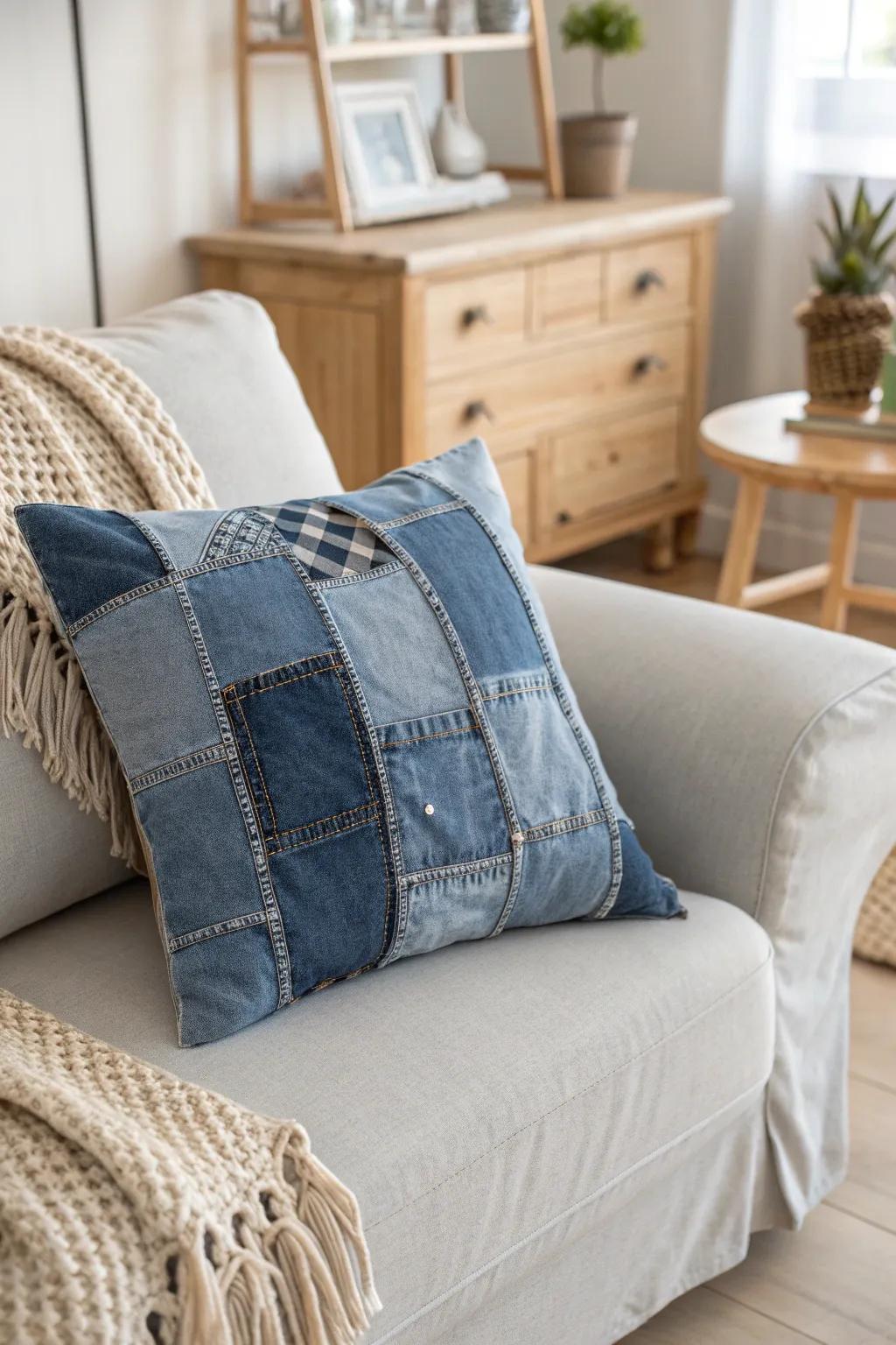 Upcycle with style: Transform old jeans into a charming denim pillow for a cozy, rustic touch.