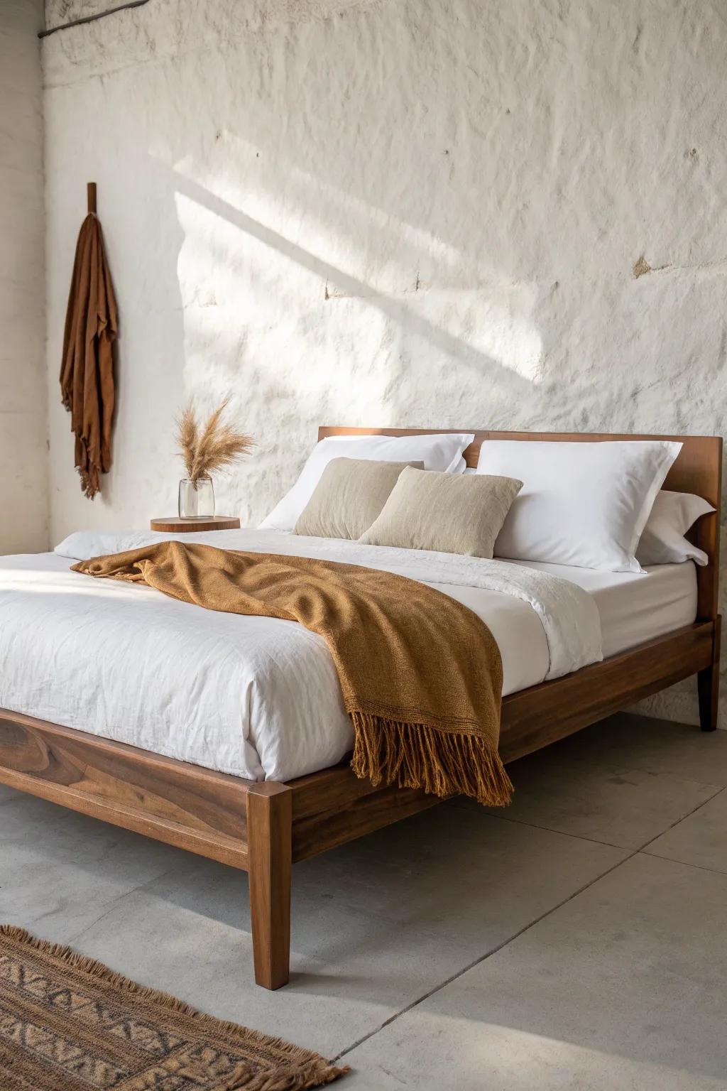 Crisp white linens on a walnut bed frame—clean contrast with a caramel throw accent.