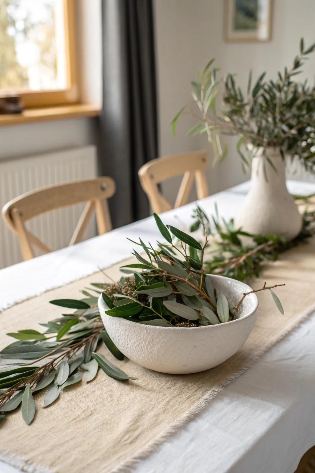 A linen runner and fresh greenery for that effortless, clean-but-cozy white table look.