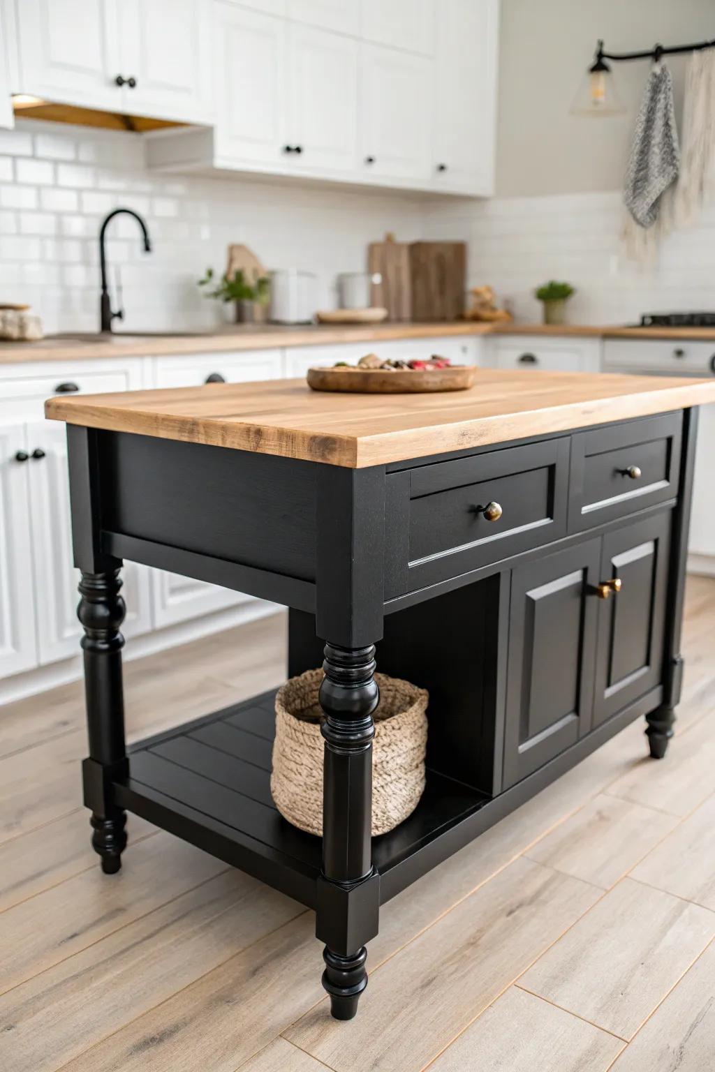 Classic white Shaker cabinets, anchored by a bold black island with warm wood detail.