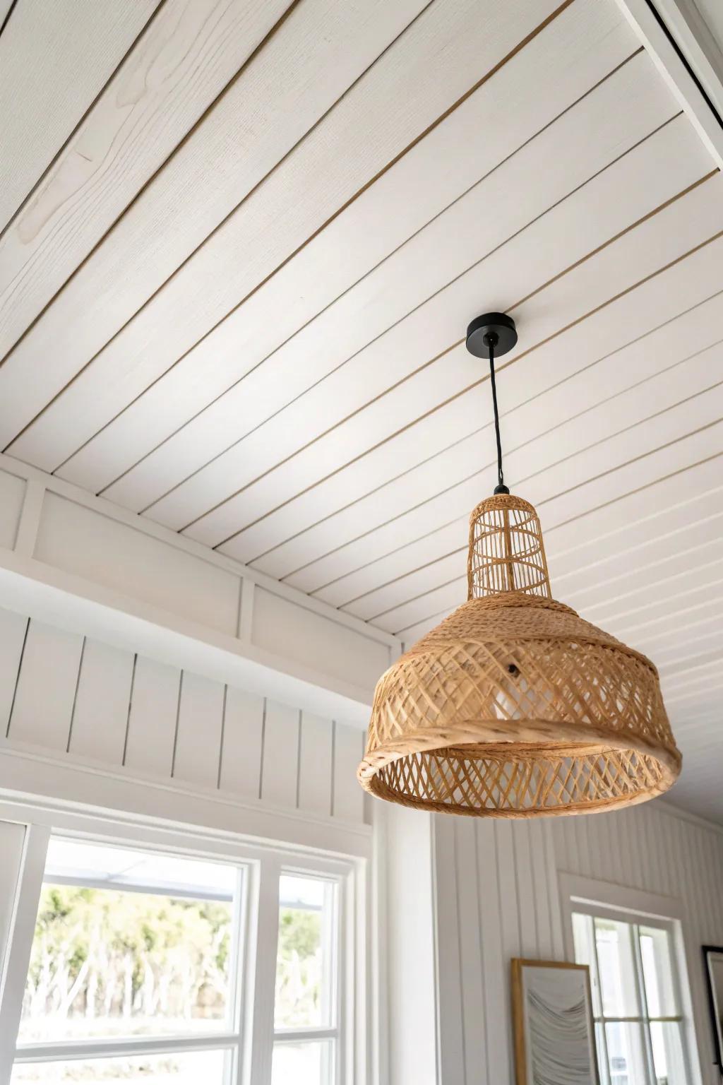 Classic matte white shiplap ceiling for an instant lighter, taller-feeling farmhouse look.