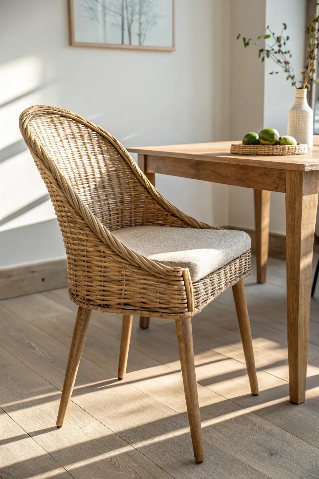 Sculptural wicker end chair adds airy texture and warmth to a minimalist wood dining nook.