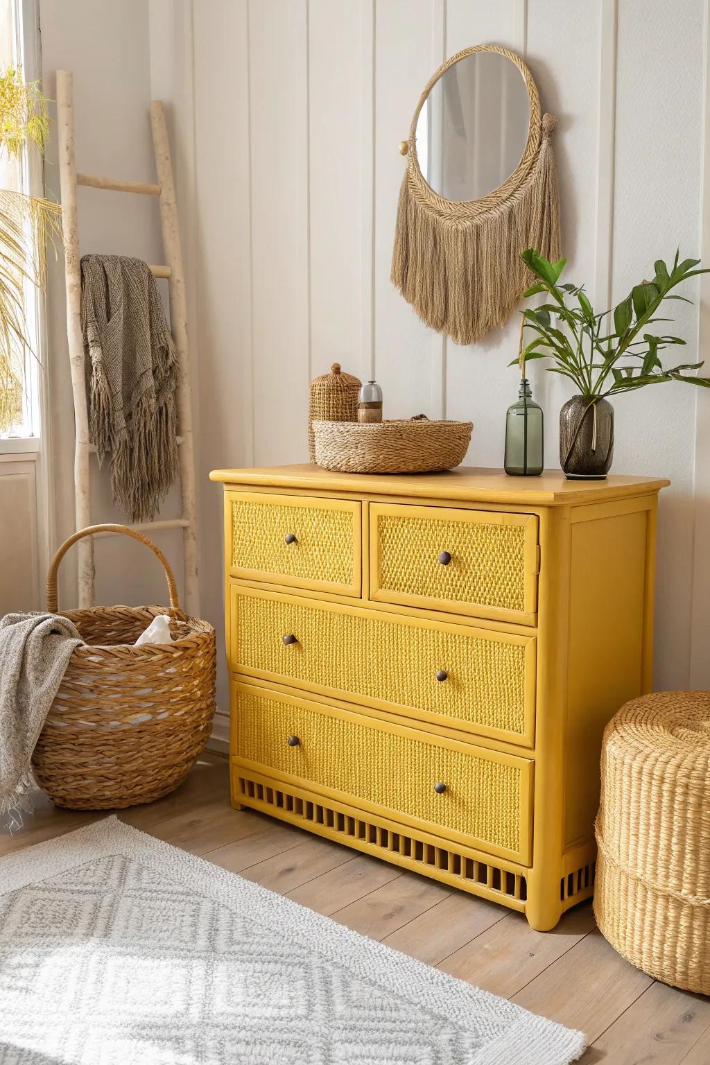 Transform your space with a splash of vibrant color: discover the magic of a sunny yellow wicker dresser makeover!