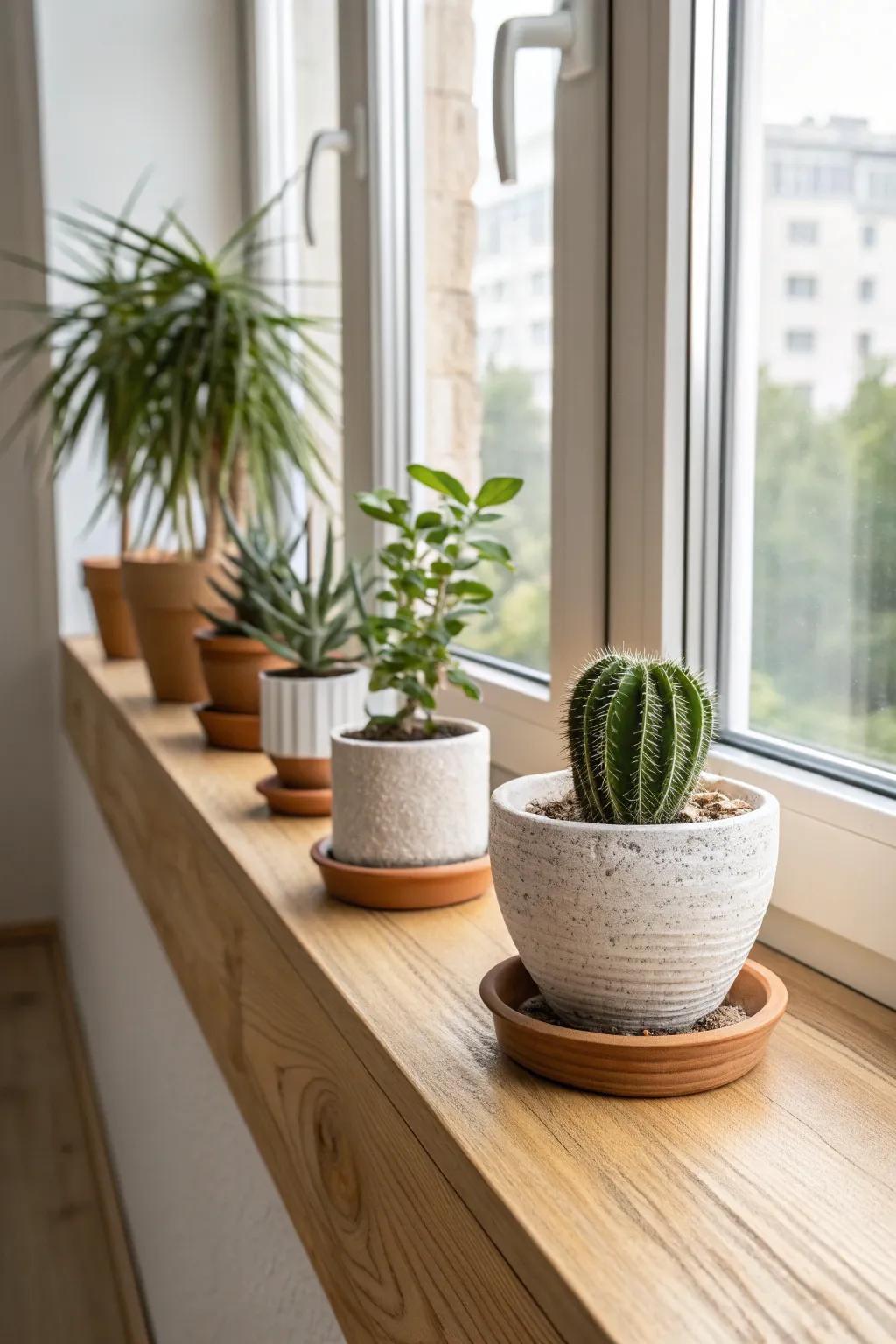 Classic windowsill styling: terracotta, ceramic, and wood planters in a calming green lineup.