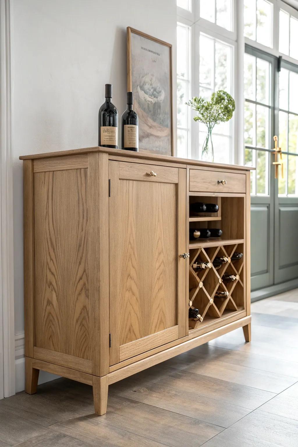 Classic buffet-style wine cabinet: tidy cubbies, hidden storage, and a serving-ready top.
