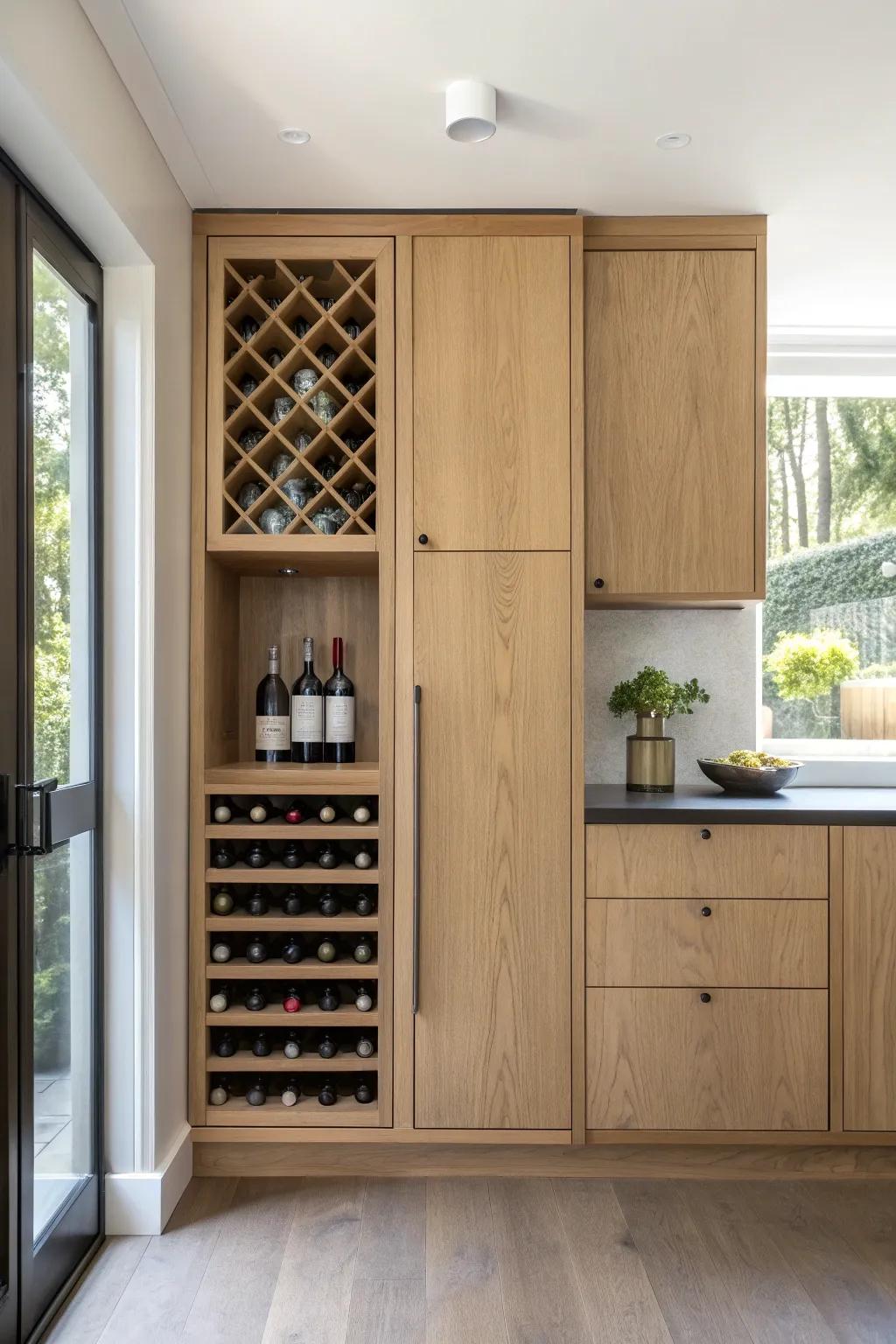 Seamless built-in wine cabinet with bottle cubbies above and a handy prep ledge below.