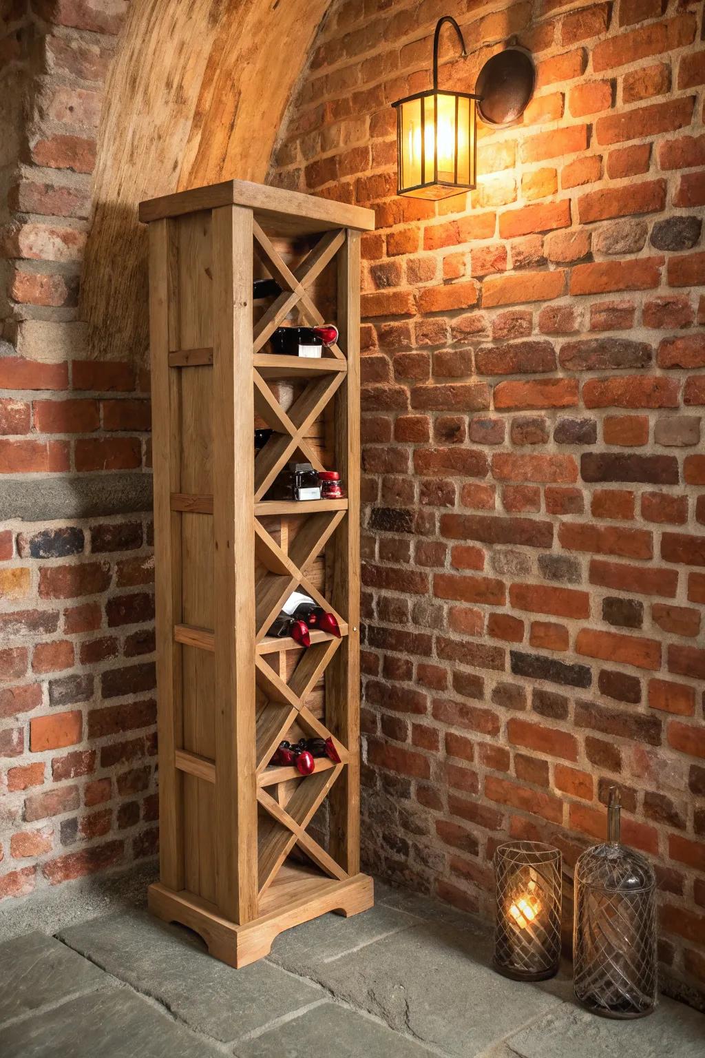 Classic brick-and-wood cellar vibes: warm light, solid oak rack, cozy basement elegance.