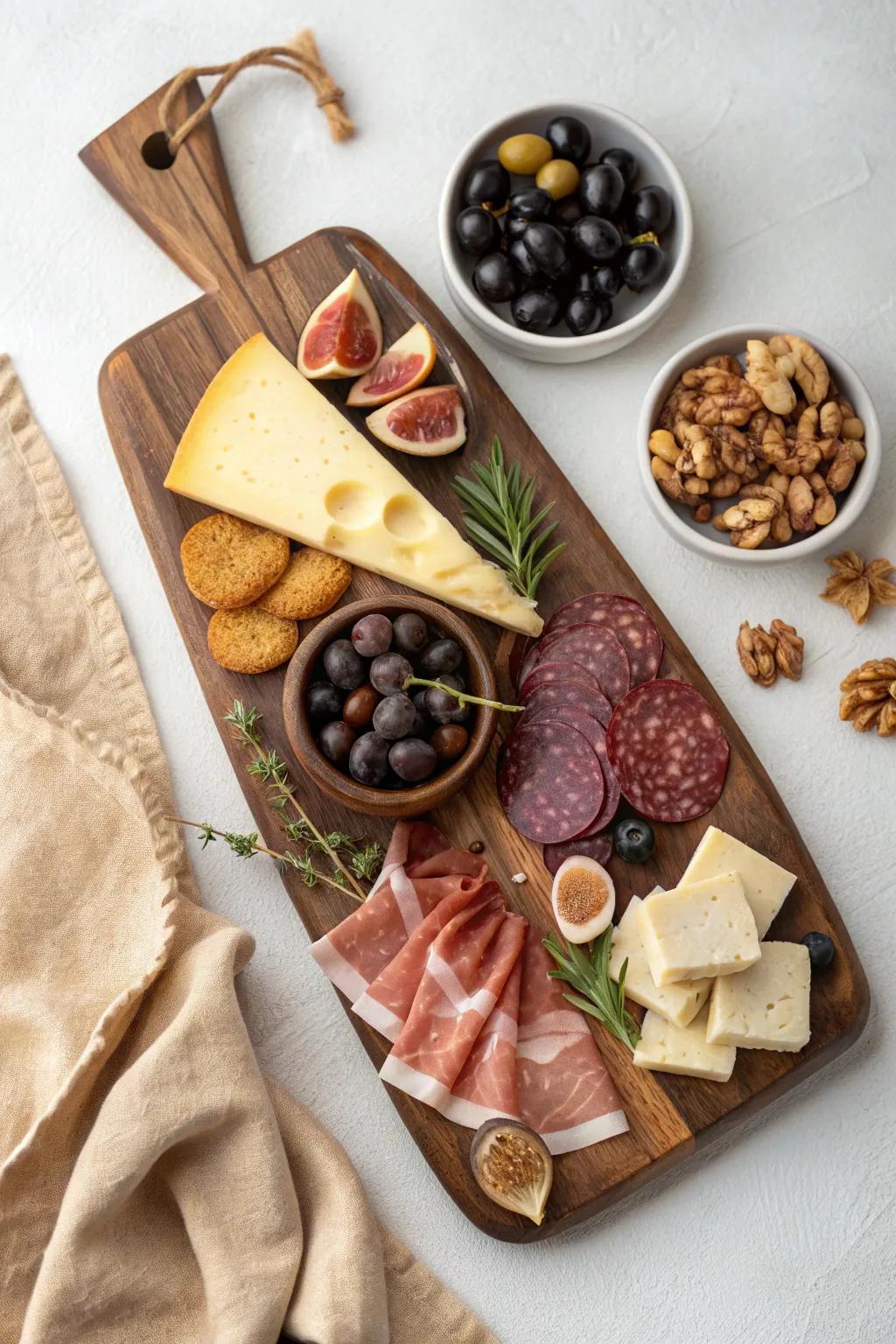 Classic red wine crowd board—aged cheese, cured meats, olives & dark fruit on warm walnut.