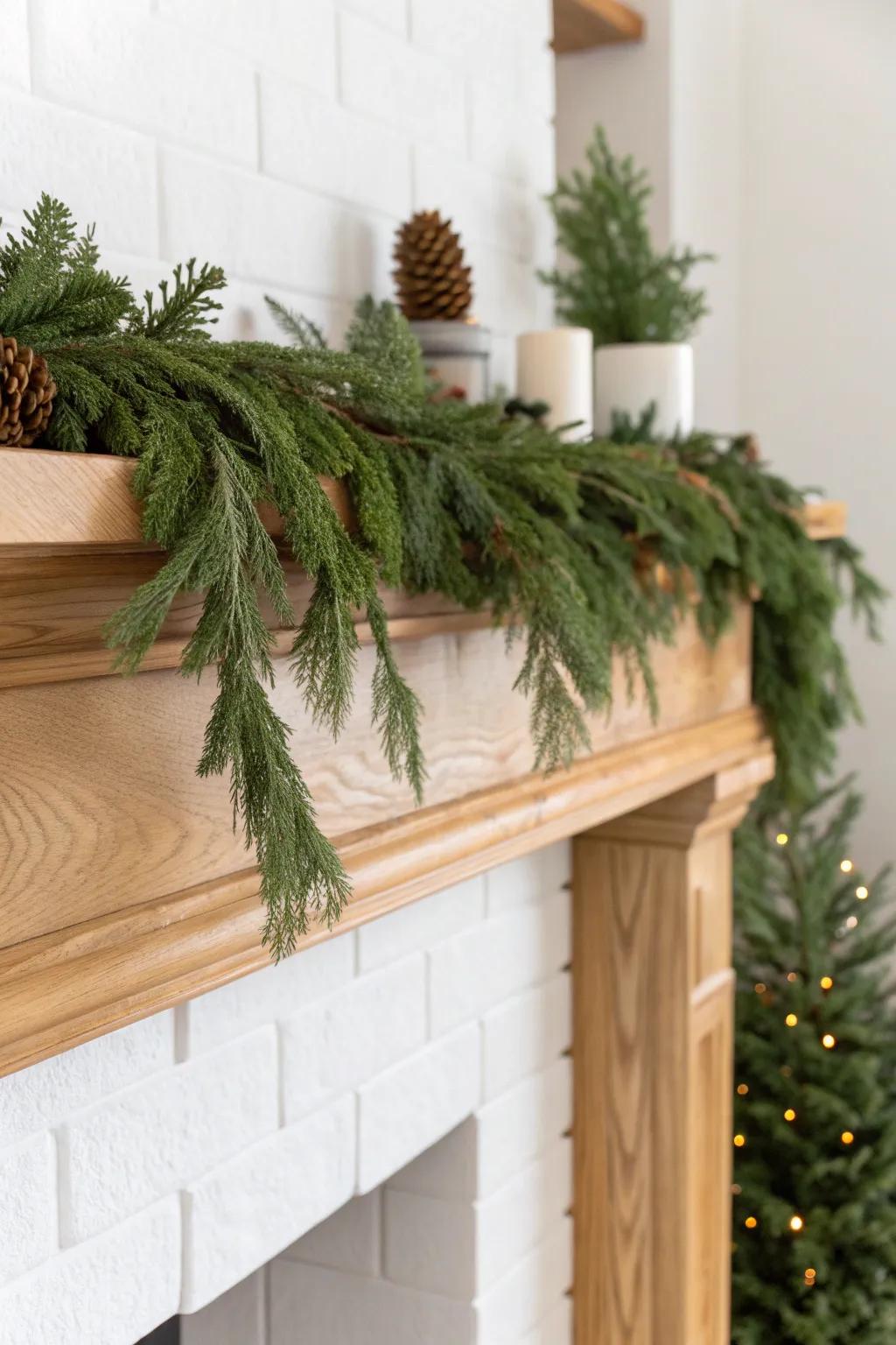 A simple evergreen garland base—fluffed loose with cedar sprigs for a fresh winter mantel.