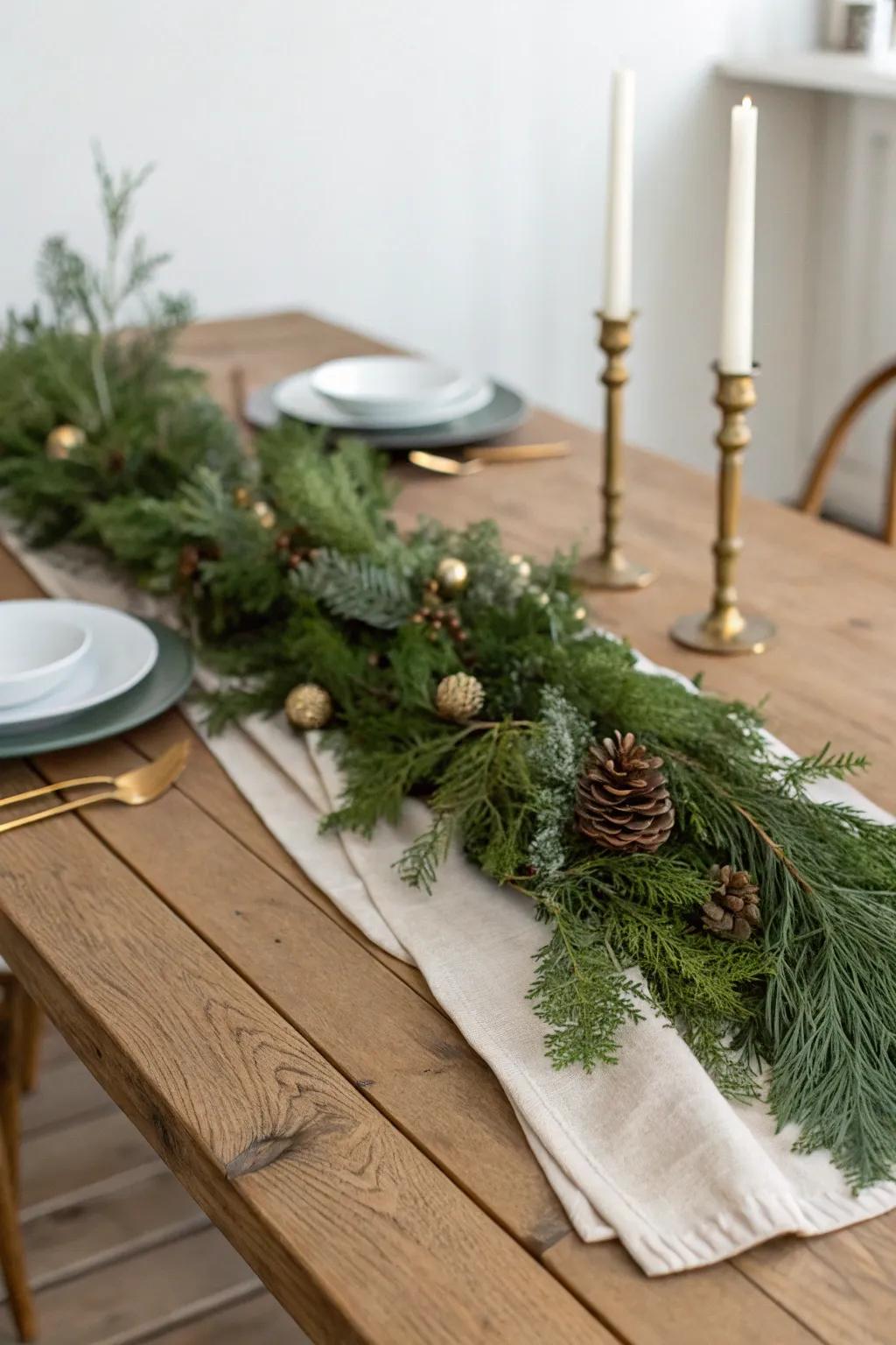 Evergreen garland runner on raw oak—simple, lush winter table decor with a handmade feel.