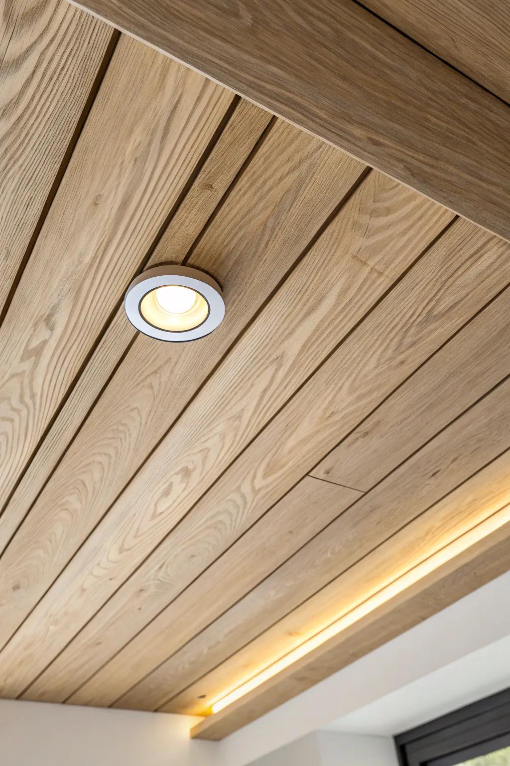 Warm recessed glow tucked between oak planks—minimal ceiling lighting that lets the wood shine.