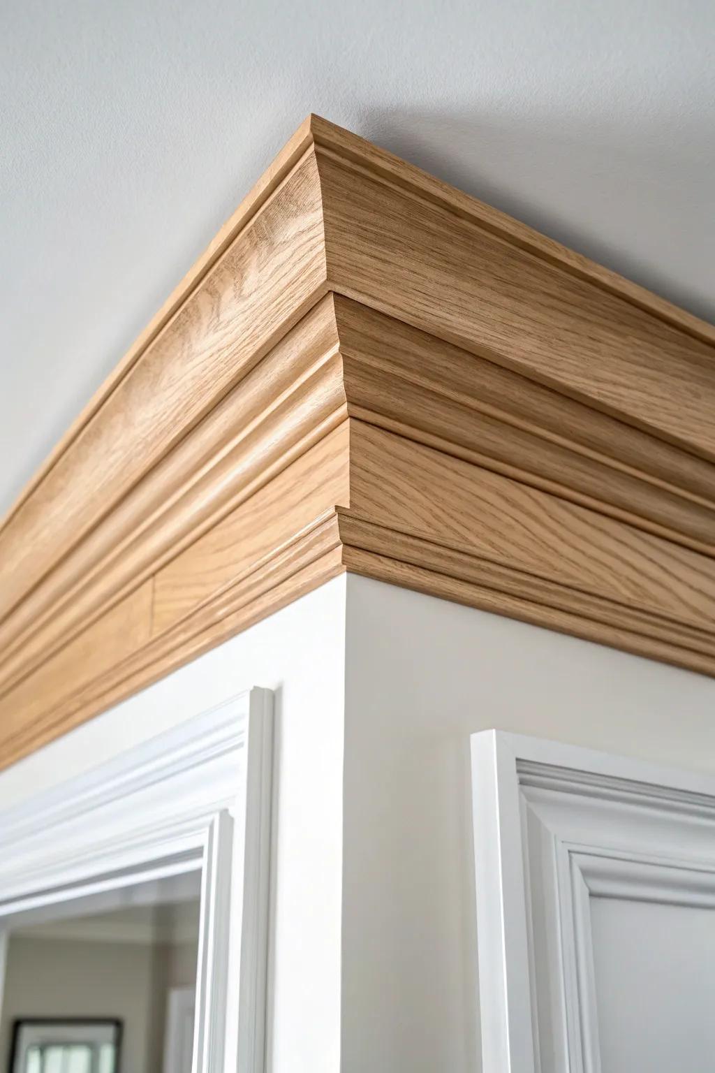 Classic oak crown molding adds a timeless, clean ceiling edge and makes the room feel taller.